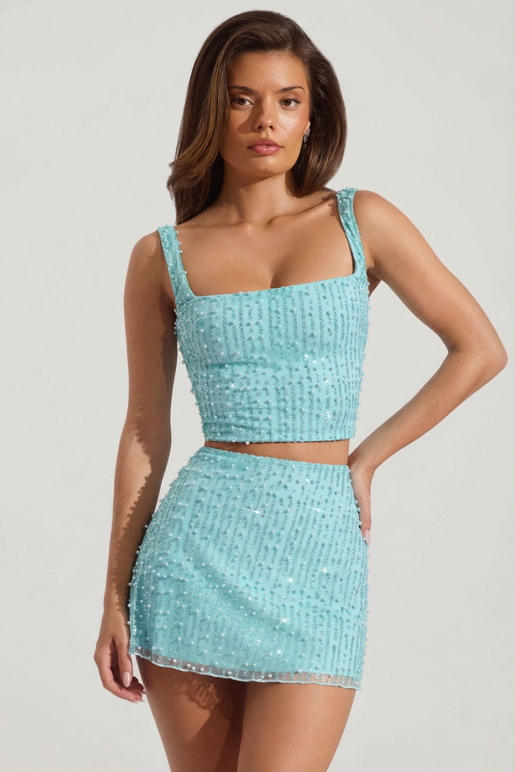 Embellished Low-Rise Mini Skirt in Aqua Blue