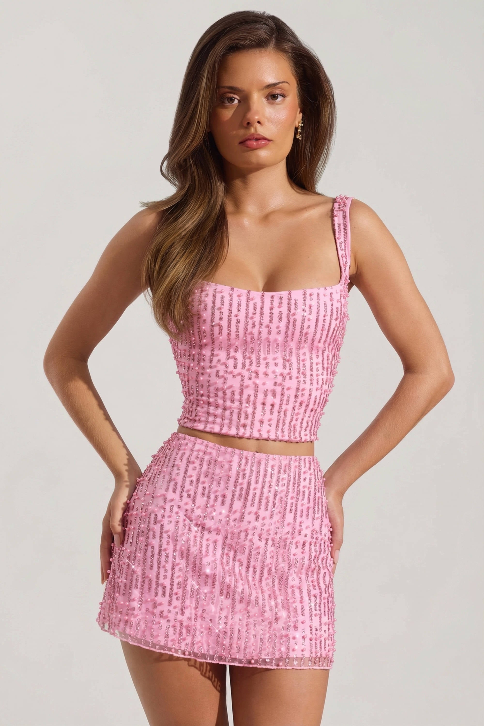 Embellished Low-Rise Mini Skirt in Pink