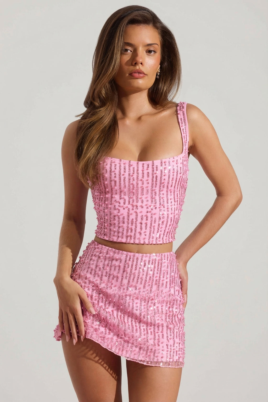 Embellished Low-Rise Mini Skirt in Pink