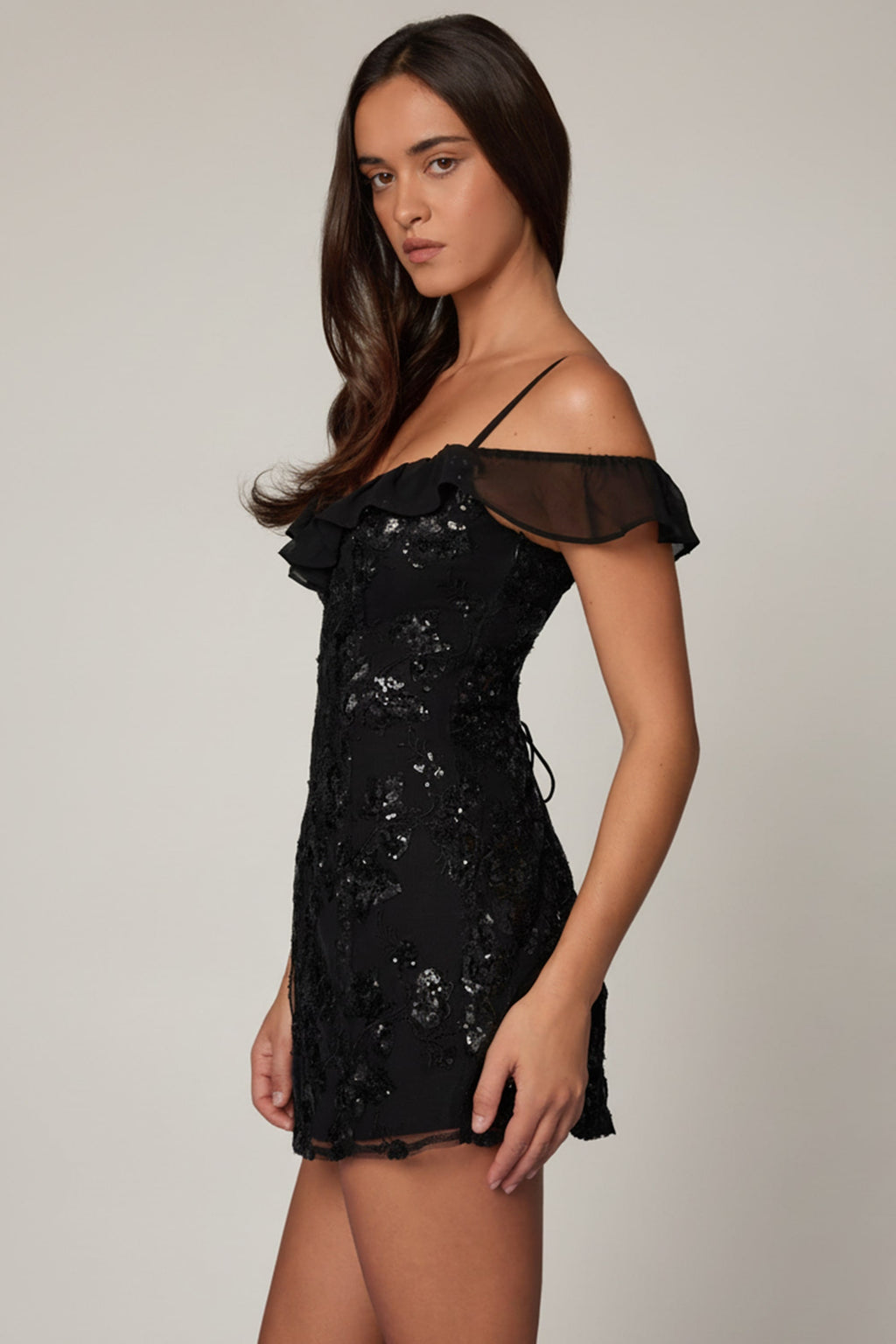 Embellished Lace-Up A-Line Mini Dress in Black