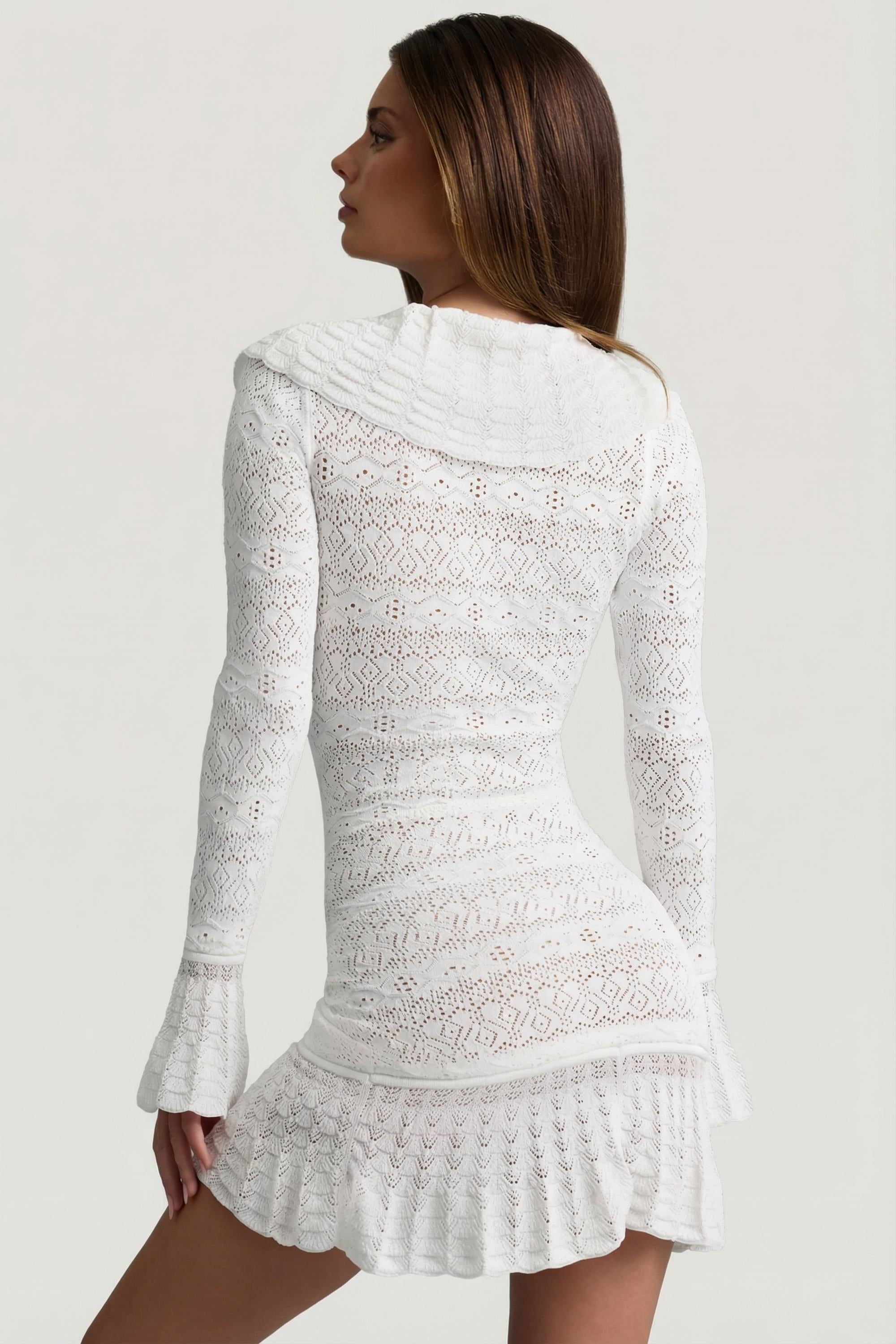 Ruffle-Trim Pointelle-Knit Mini Dress in White