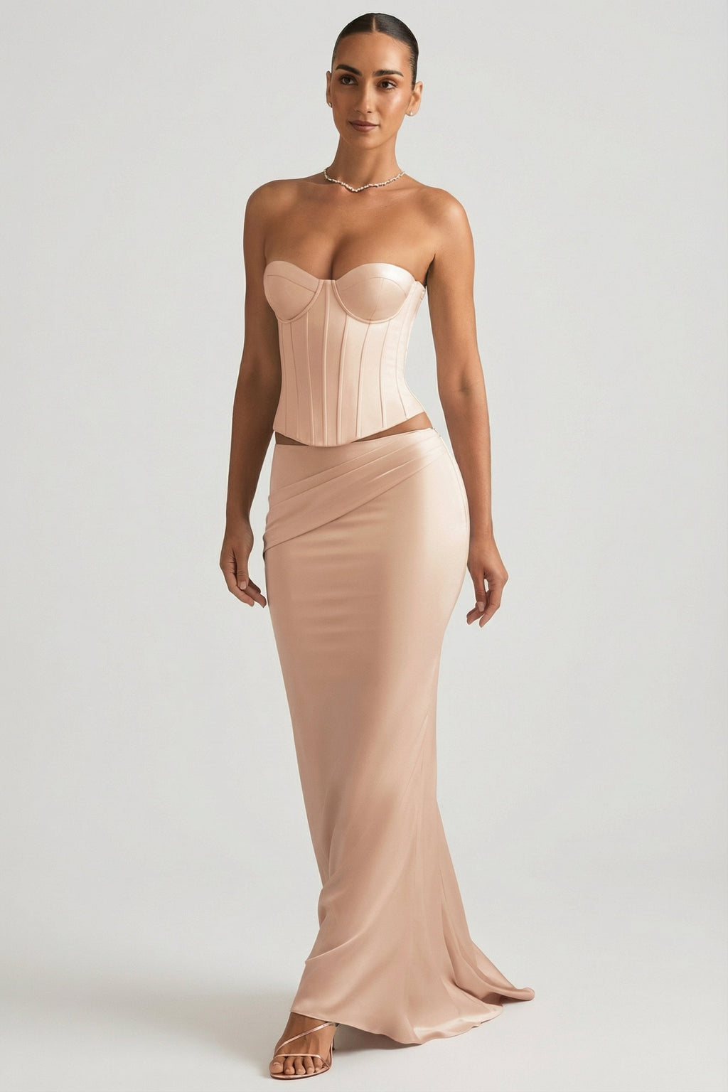 Draped Low-Rise Maxi Skirt in Beige Gold