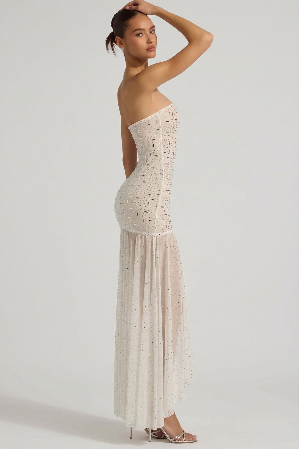 Semi-Sheer Embellished Asymmetric Maxi Dress in White