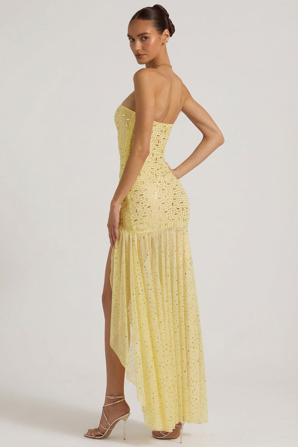 Semi-Sheer Embellished Asymmetric Maxi Dress in Yellow