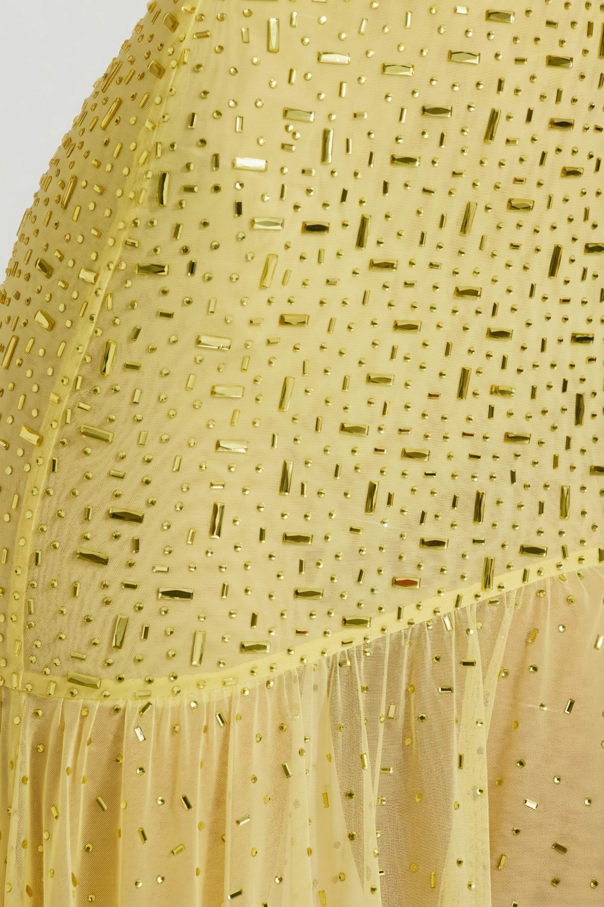 Semi-Sheer Embellished Asymmetric Maxi Dress in Yellow