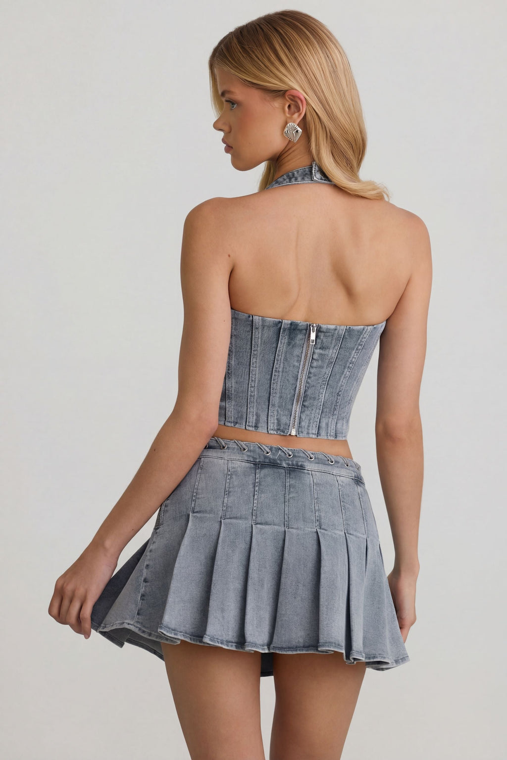Low-Rise Pleated Mini Skirt in Light Blue