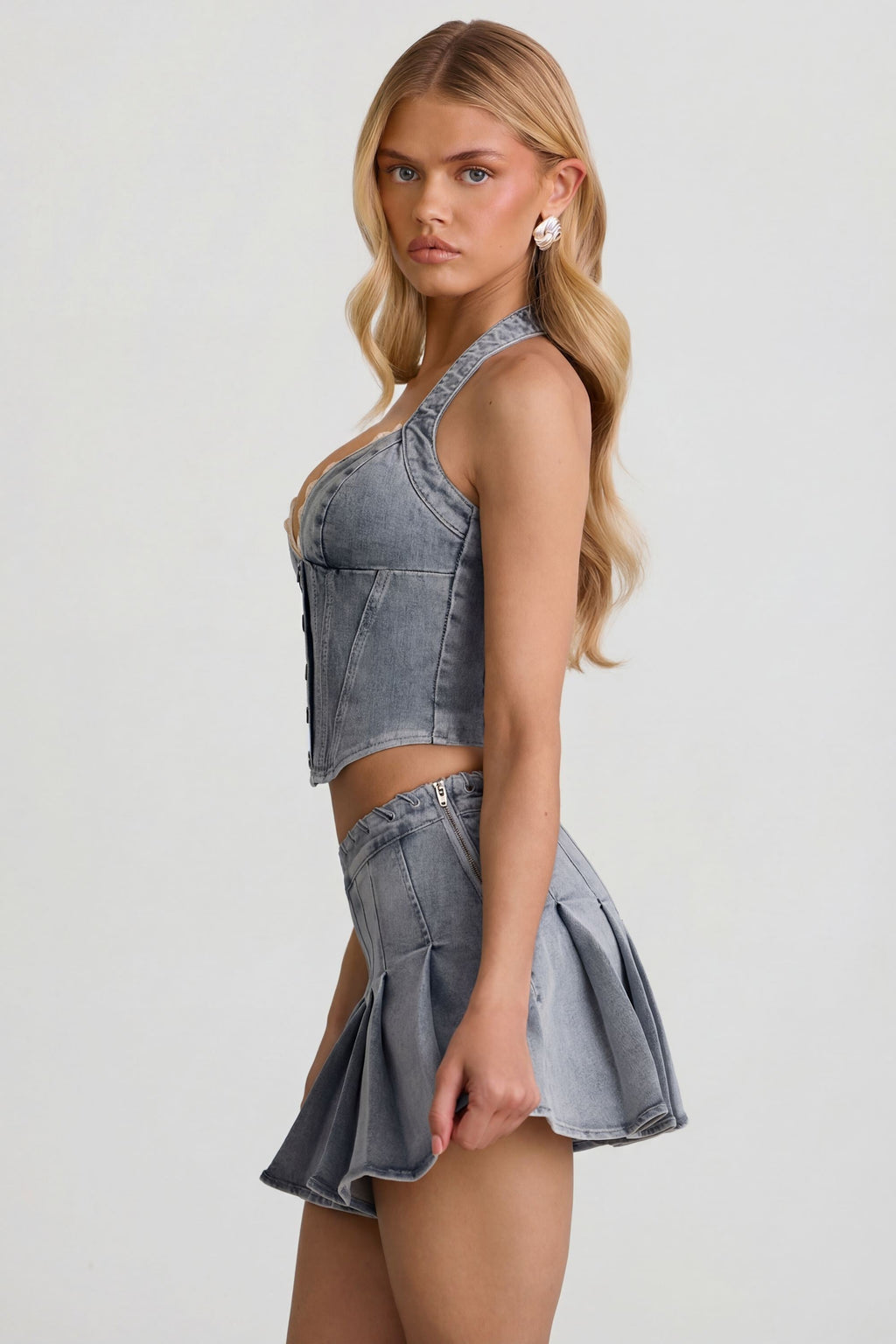 Low-Rise Pleated Mini Skirt in Light Blue