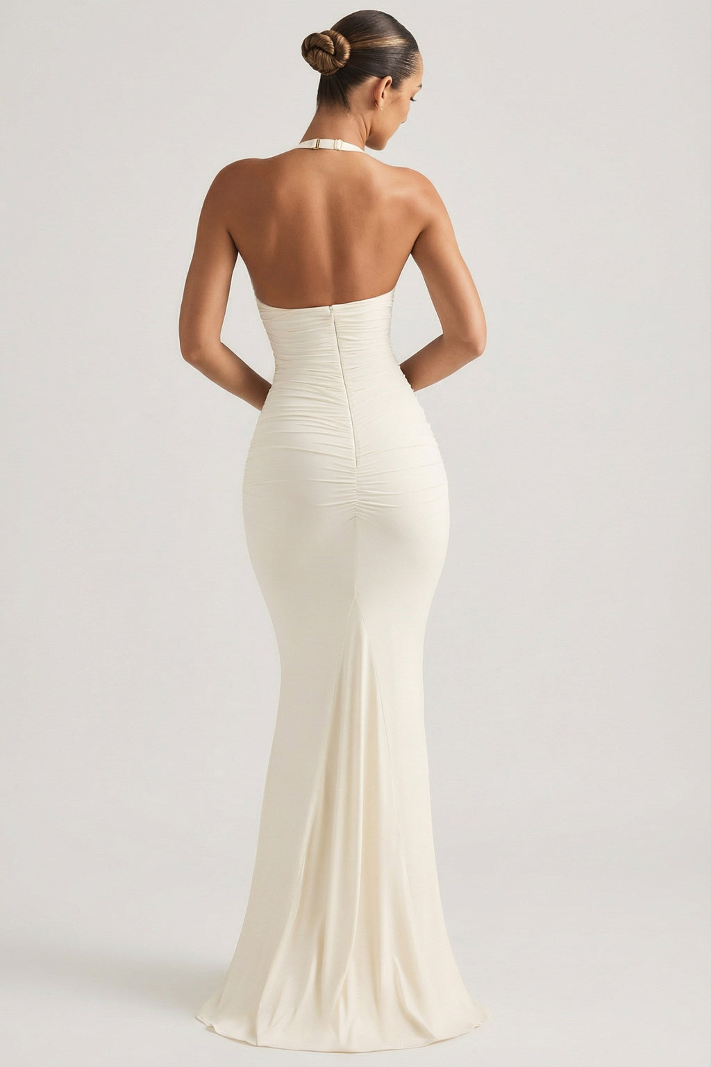 Ruched Backless Halterneck Gown in Ivory