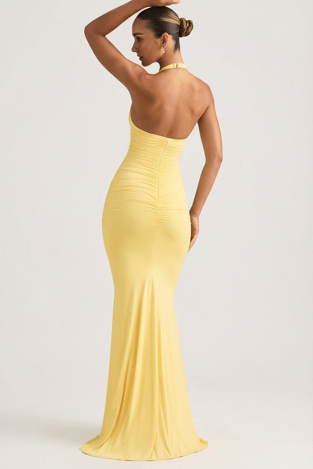 Ruched Backless Halterneck Gown in Pastel Yellow