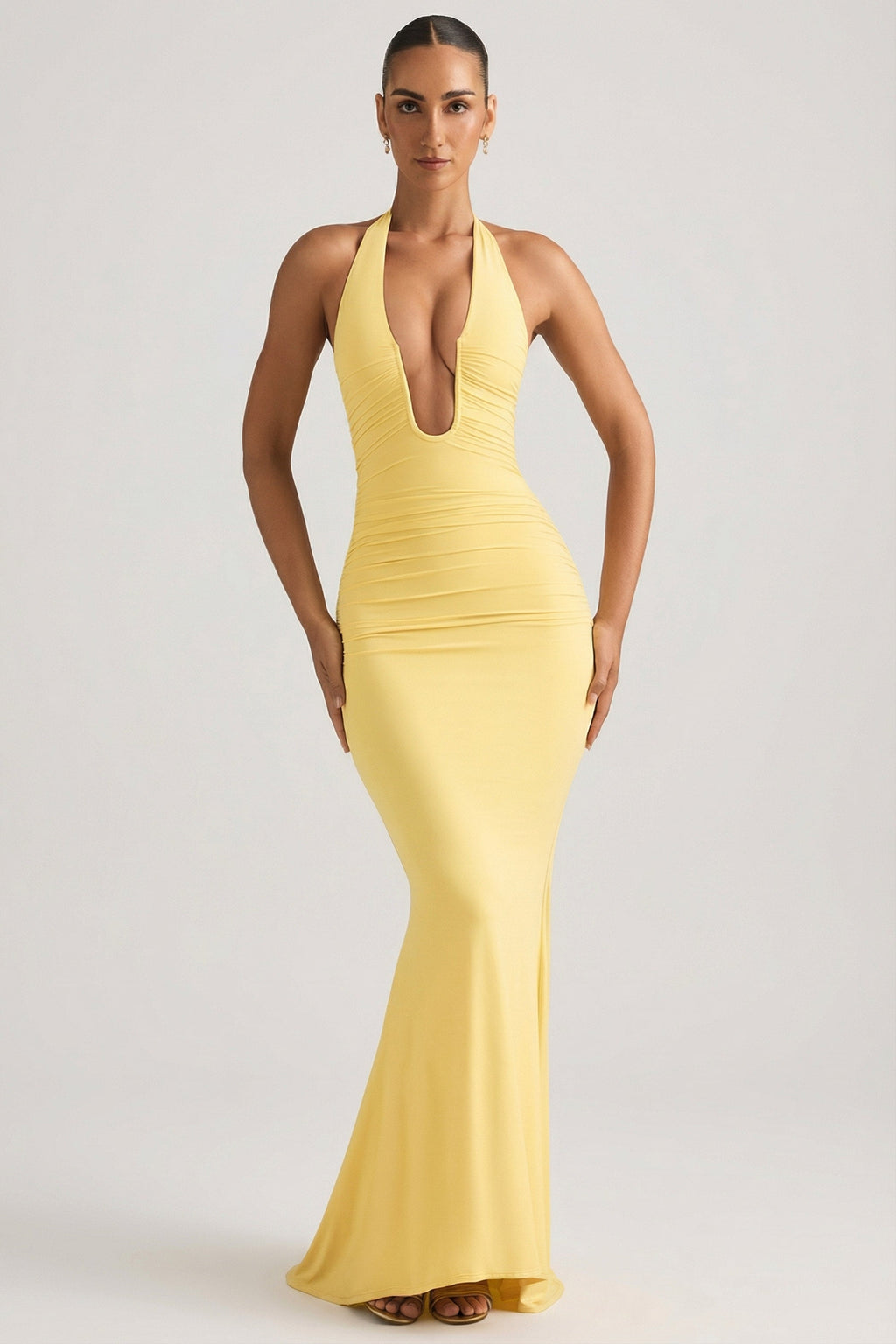 Ruched Backless Halterneck Gown in Pastel Yellow