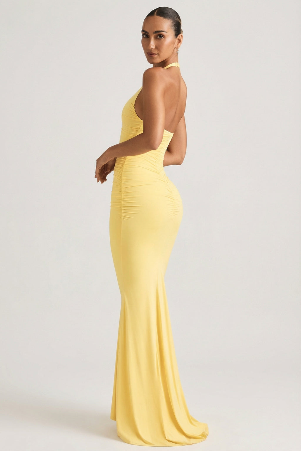 Ruched Backless Halterneck Gown in Pastel Yellow