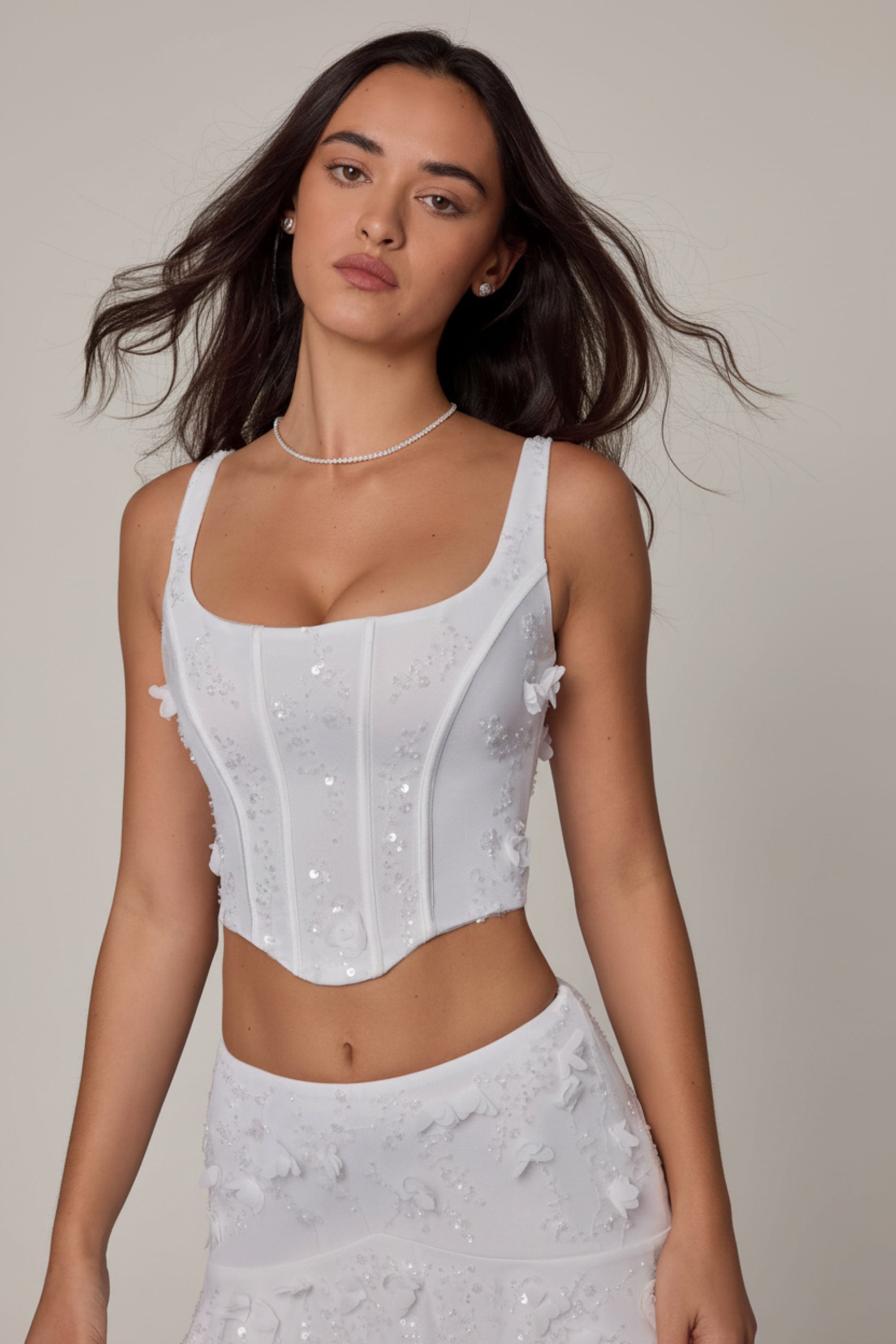 Embellished Lace-Up Corset Top in White