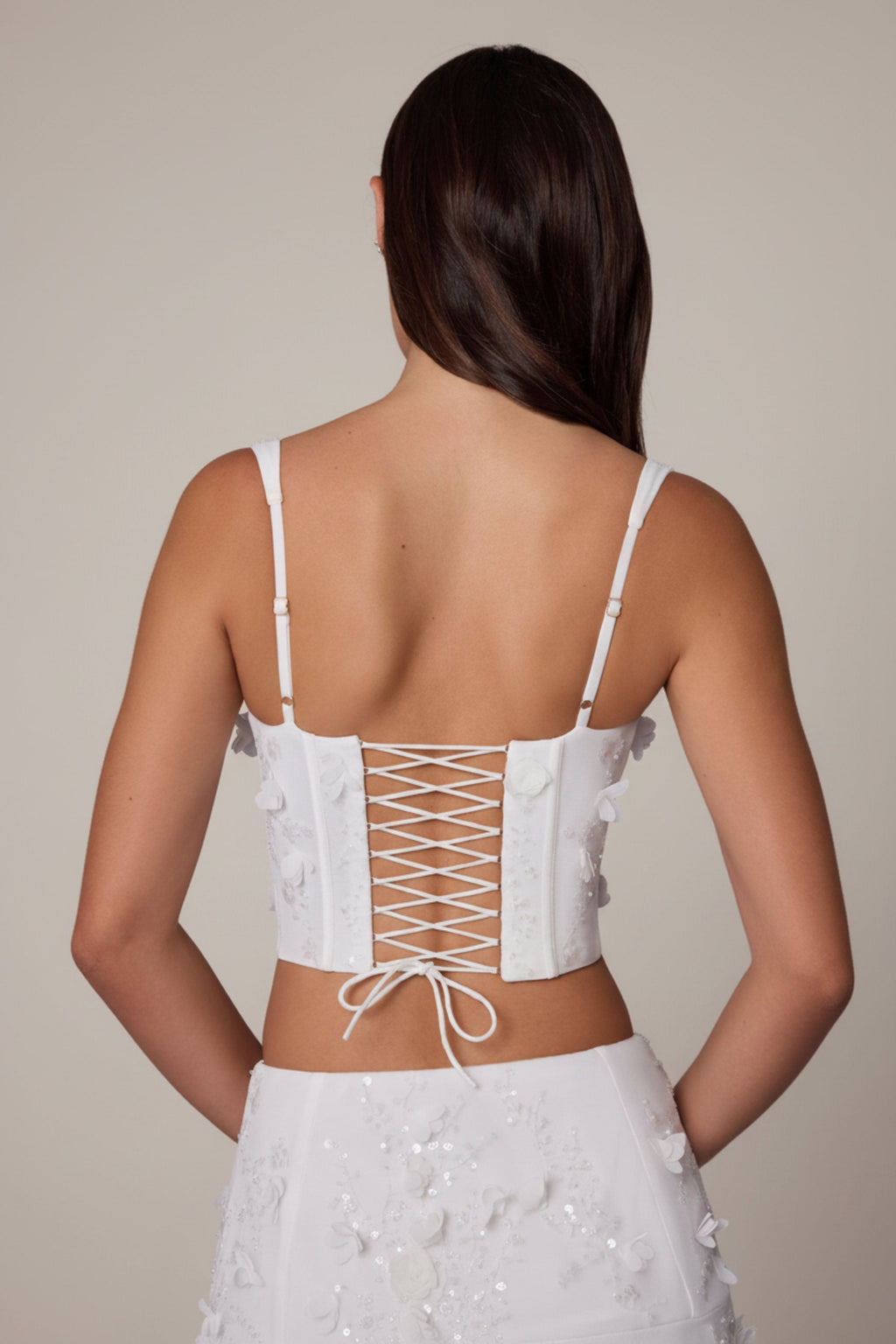 Embellished Lace-Up Corset Top in White