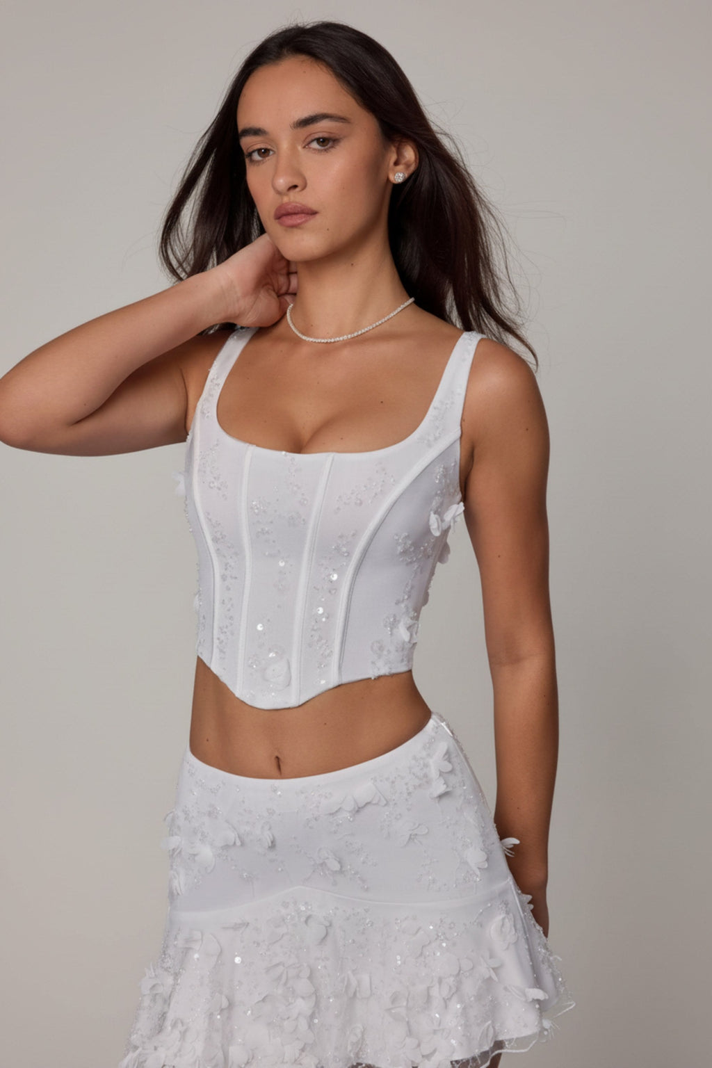 Embellished Lace-Up Corset Top in White