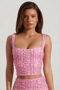 Embellished Square-Neck Crop Top in Pink