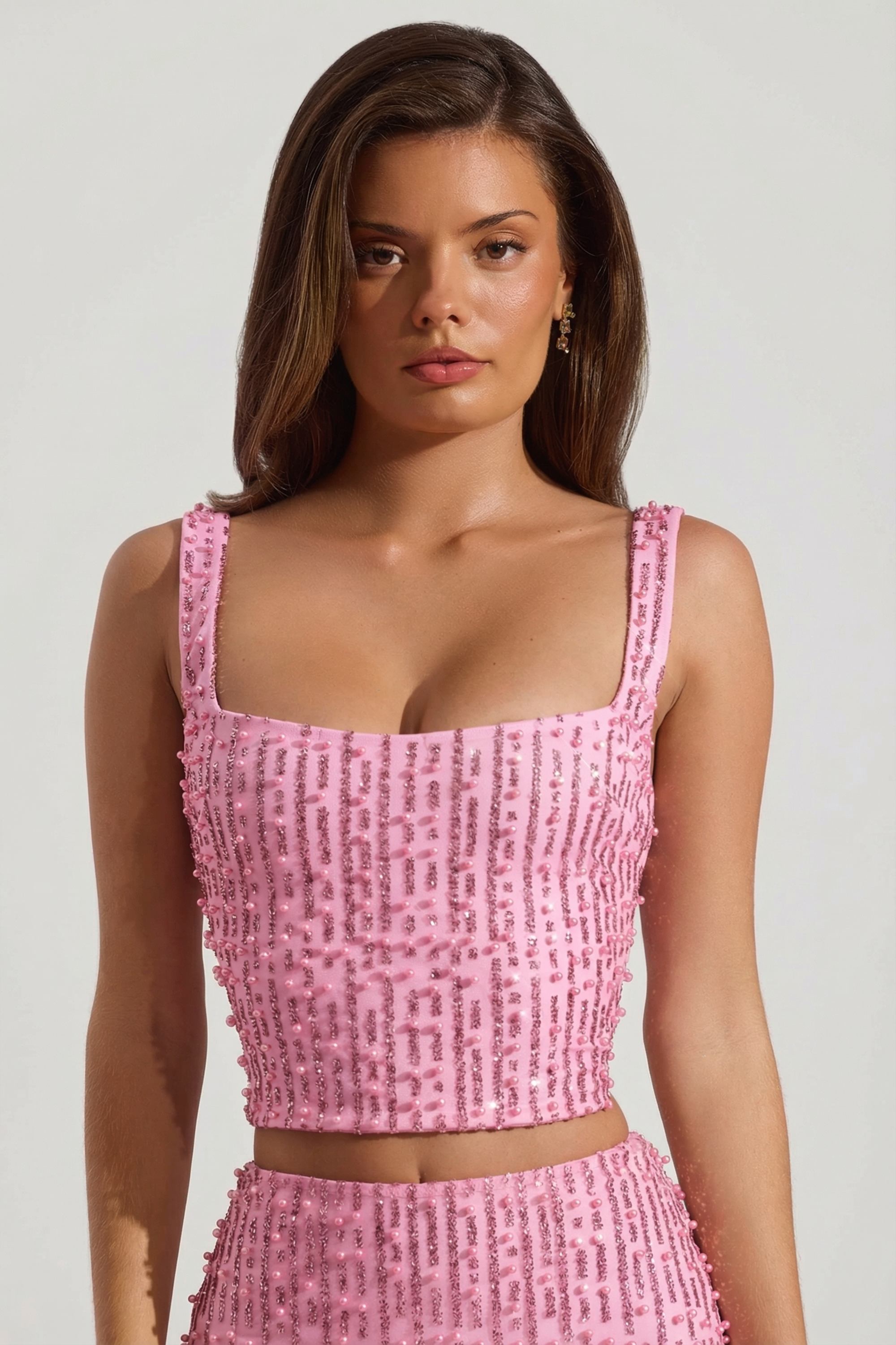 Embellished Square-Neck Crop Top in Pink