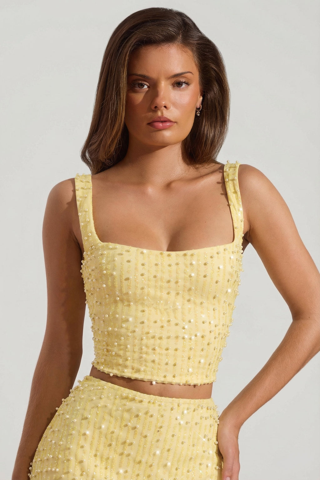 Embellished Square-Neck Crop Top in Yellow