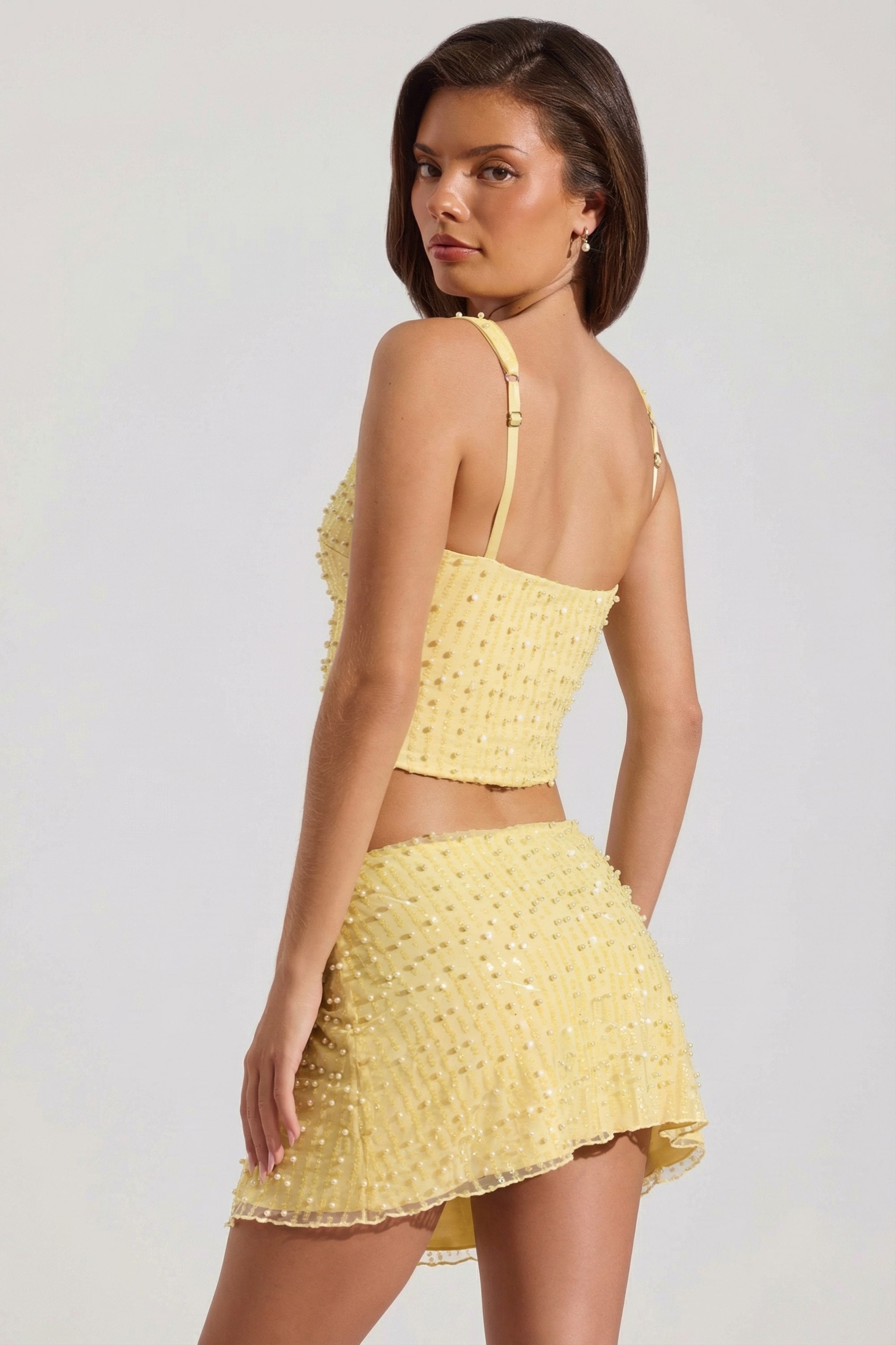 Embellished Square-Neck Crop Top in Yellow