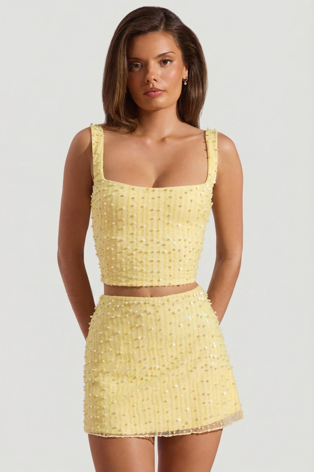 Embellished Square-Neck Crop Top in Yellow