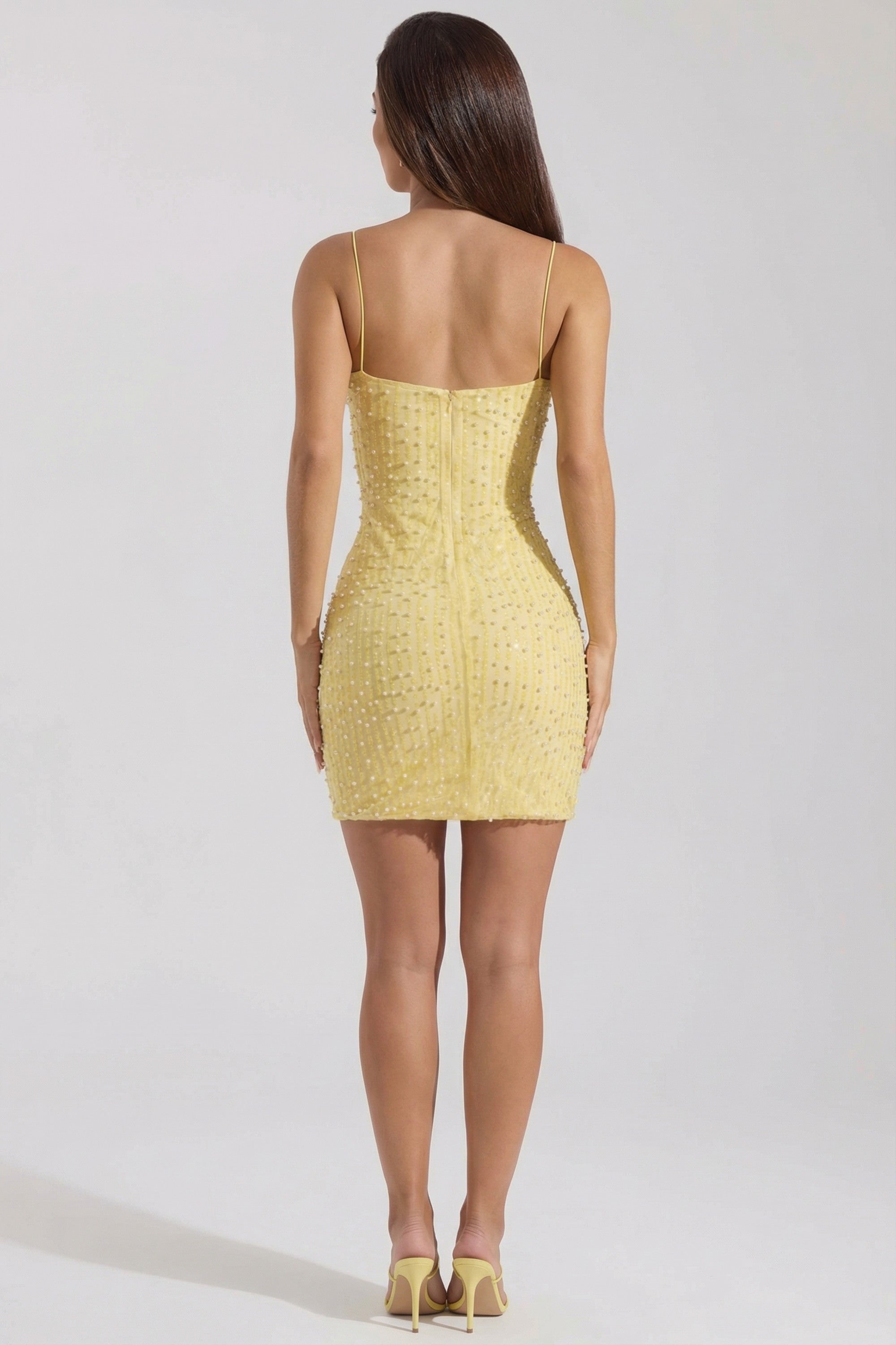 Embellished Scoop-Neck Bodycon Mini Dress in Yellow