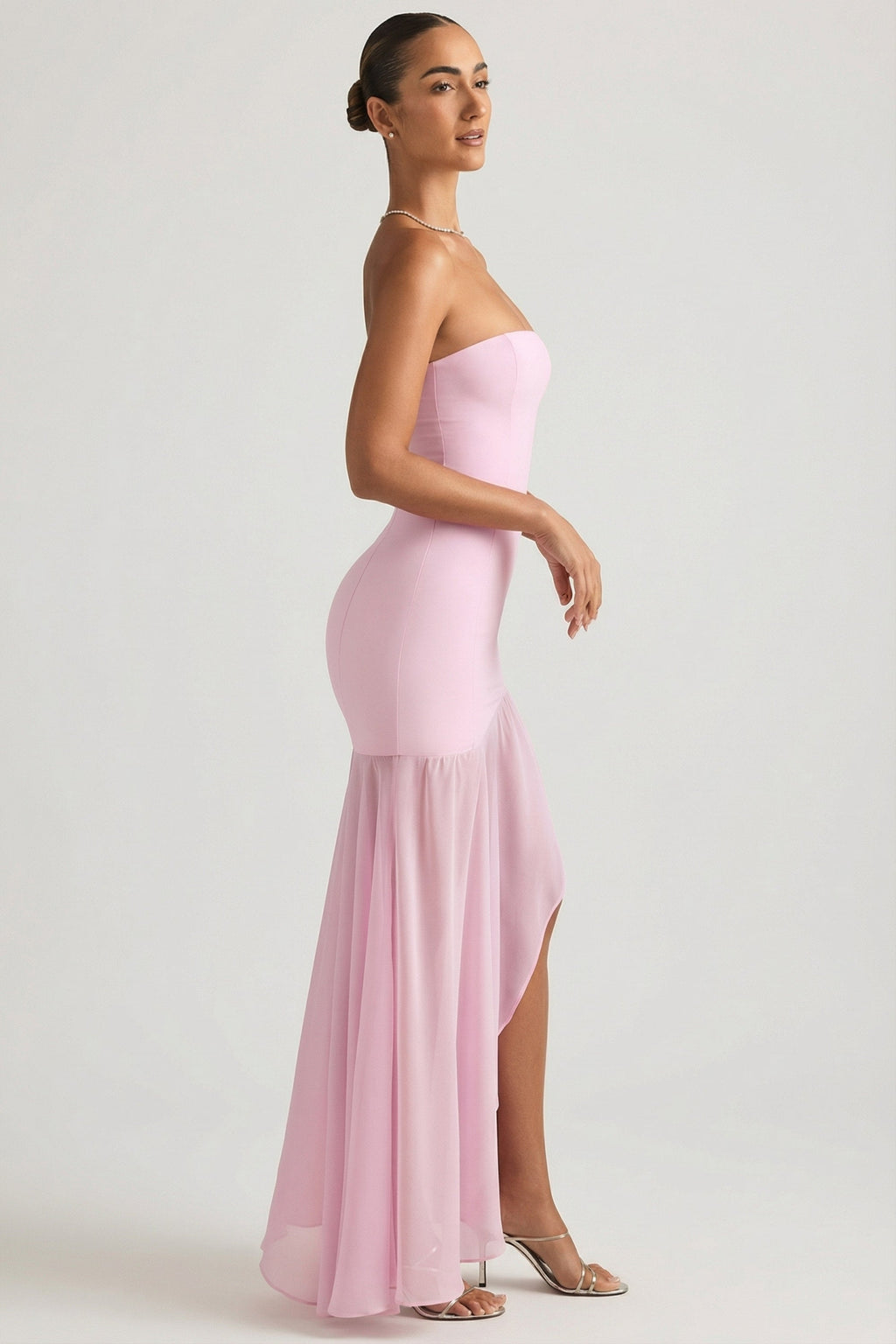 Asymmetric Strapless Fishtail Maxi Dress in Soft Pink