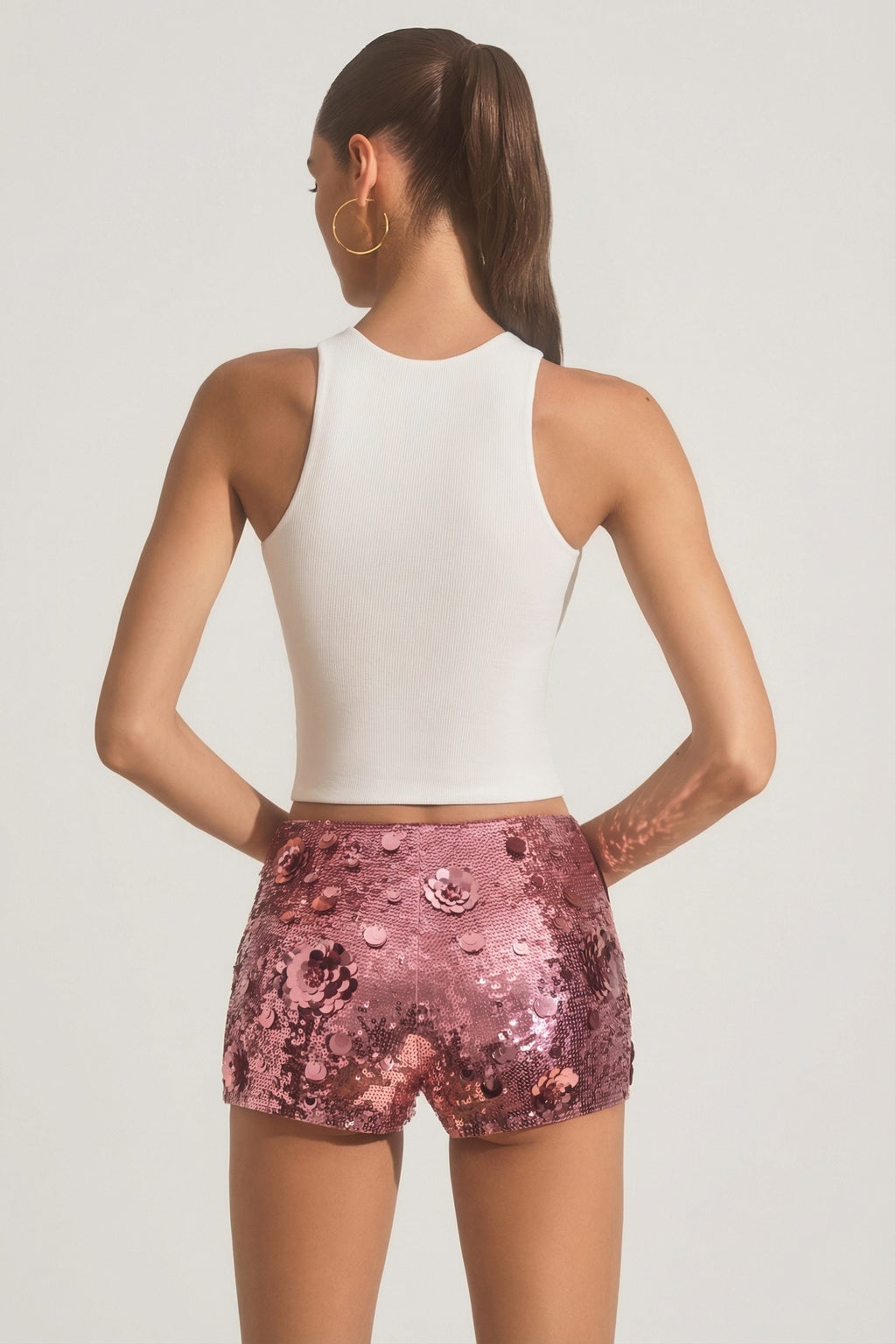 Sequin-Embellished Mini Shorts in Pink