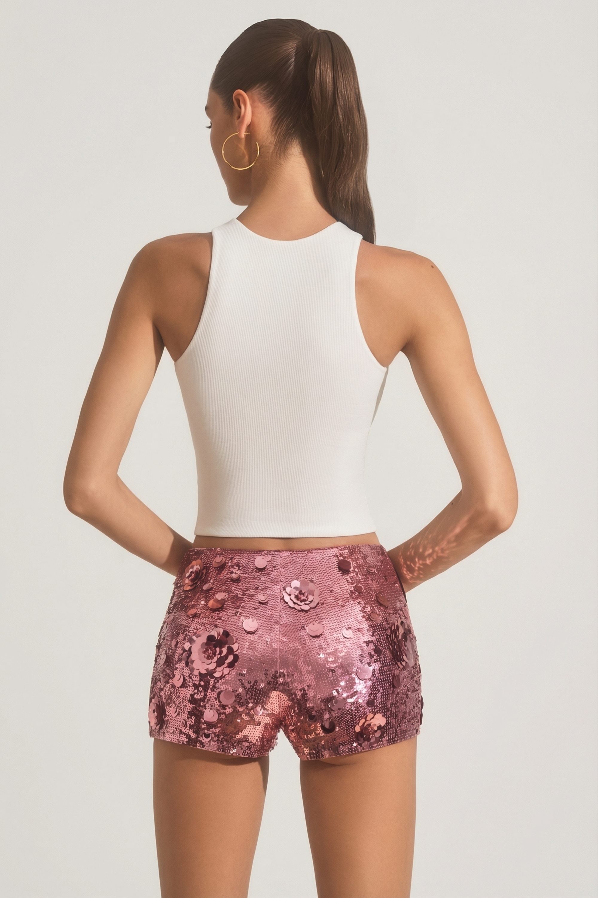 Sequin-Embellished Mini Shorts in Pink