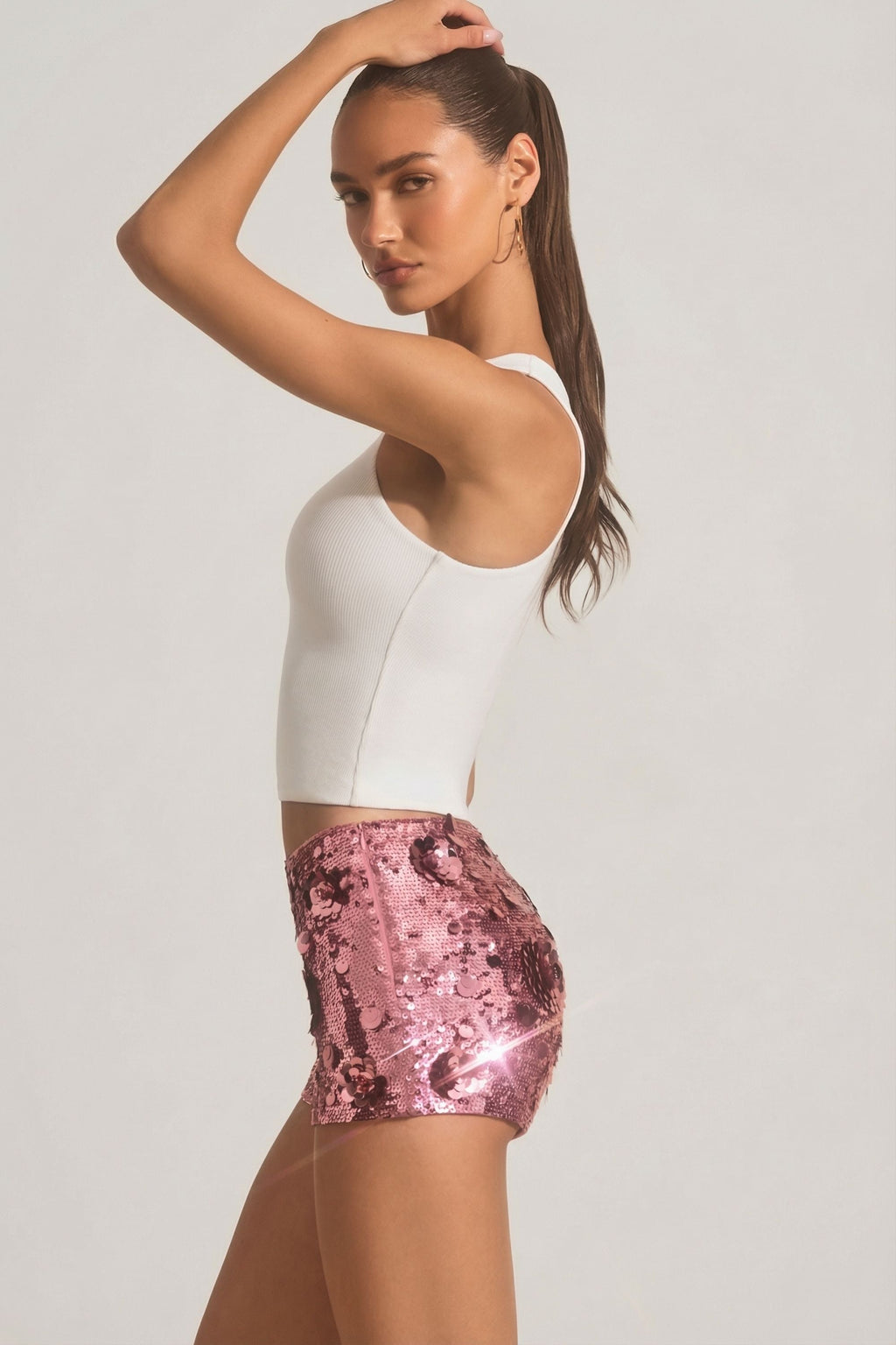 Sequin-Embellished Mini Shorts in Pink