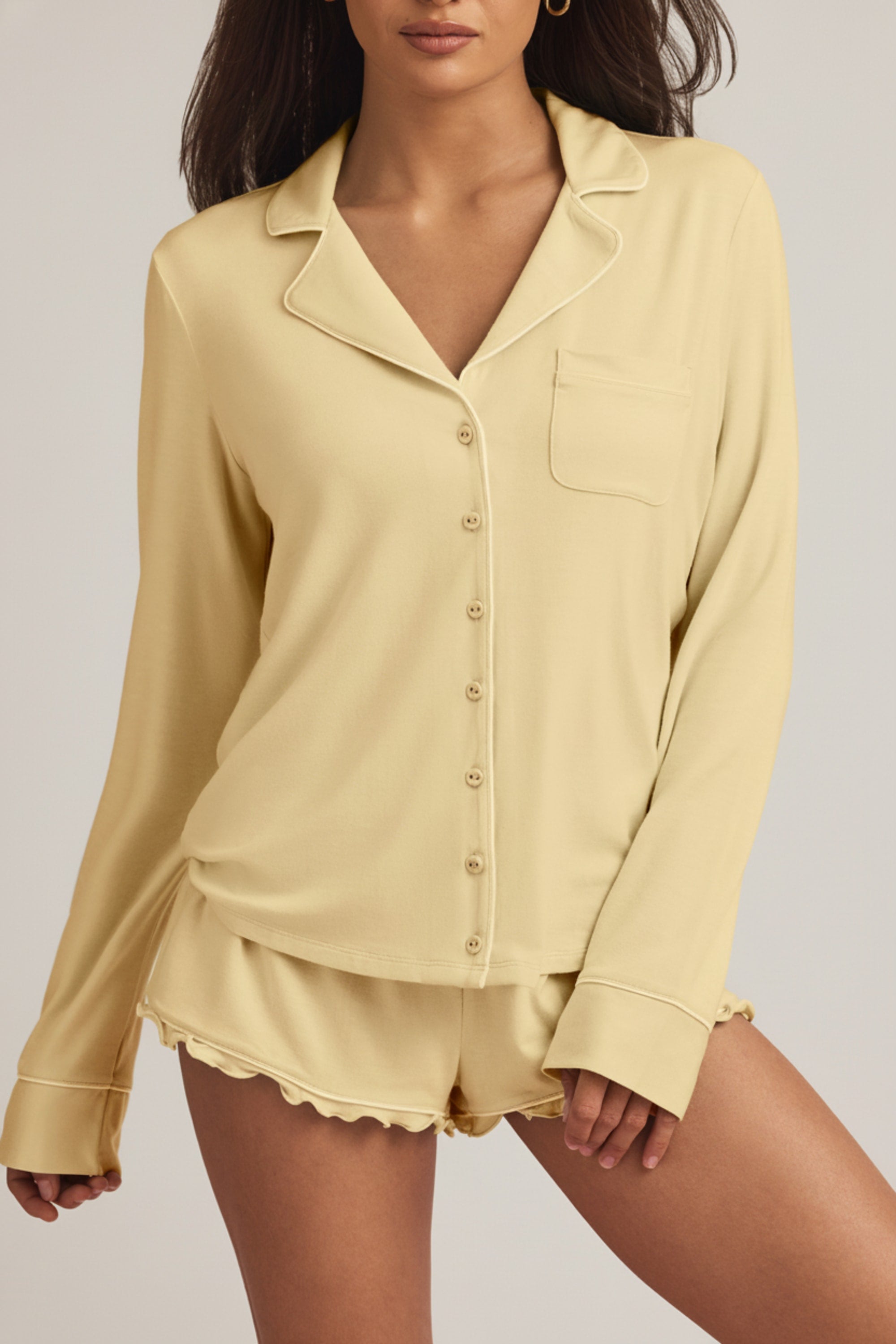 Modal Long-Sleeve Pyjama Top in Pastel Yellow