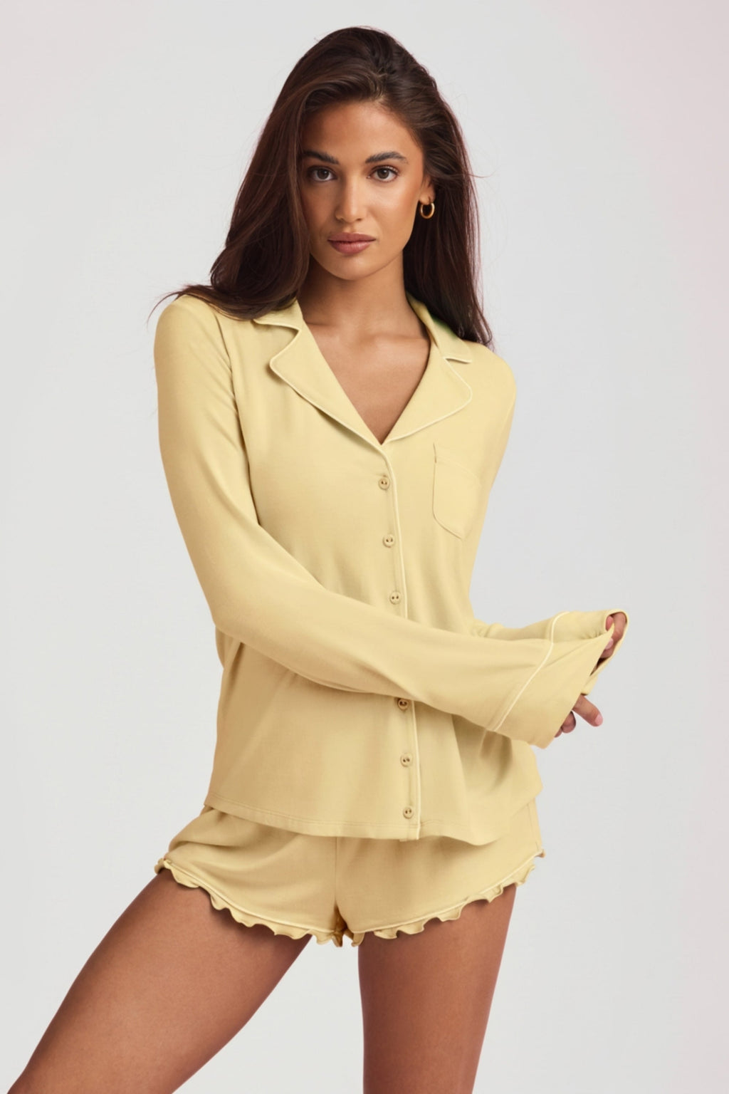 Modal Long-Sleeve Pyjama Top in Pastel Yellow