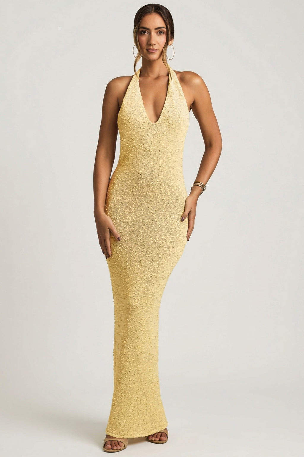 Bouclé Halterneck Maxi Dress in Yellow