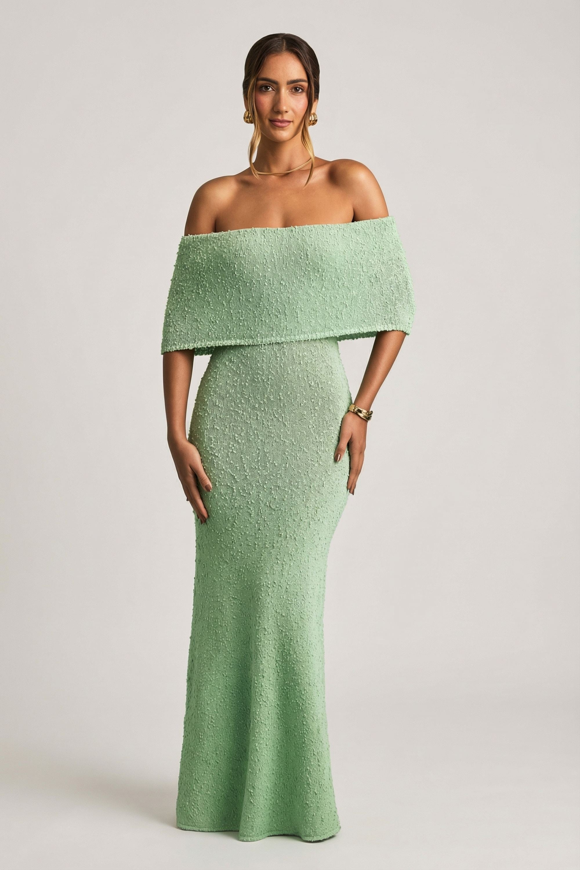 Bouclé Off-Shoulder Maxi Dress in Mint