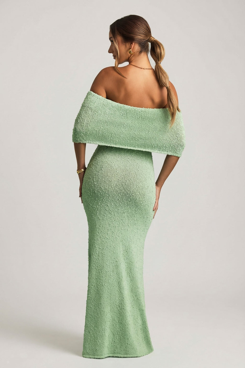 Bouclé Off-Shoulder Maxi Dress in Mint