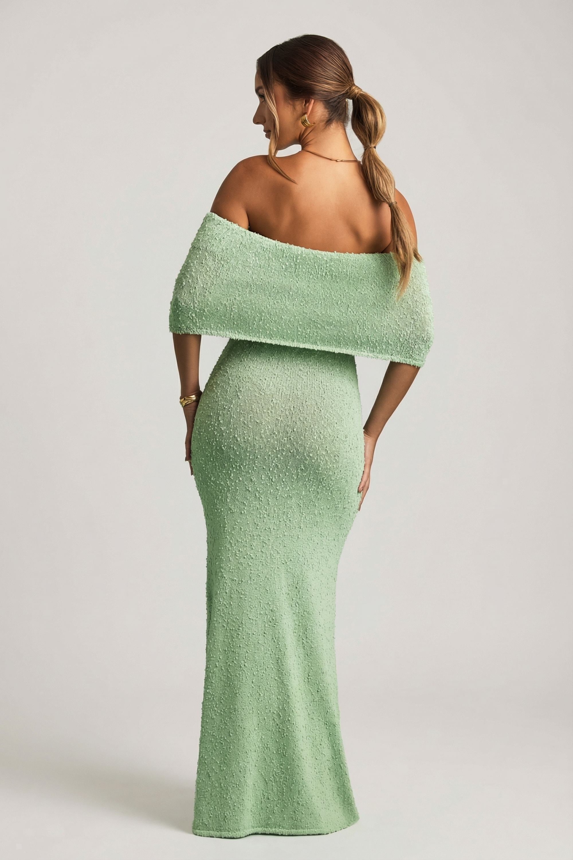 Bouclé Off-Shoulder Maxi Dress in Mint