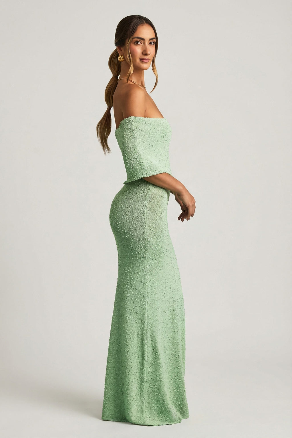 Bouclé Off-Shoulder Maxi Dress in Mint