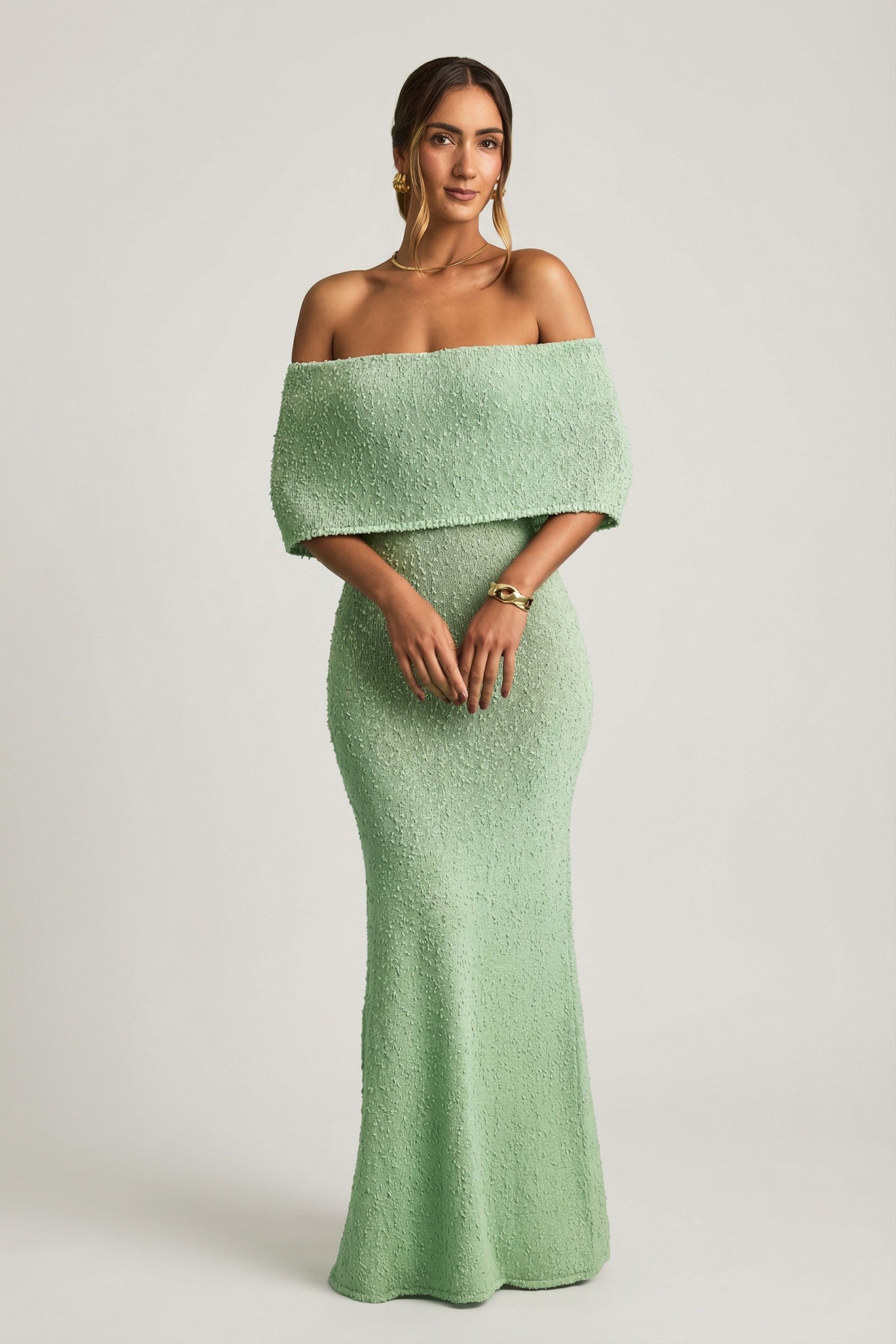 Bouclé Off-Shoulder Maxi Dress in Mint