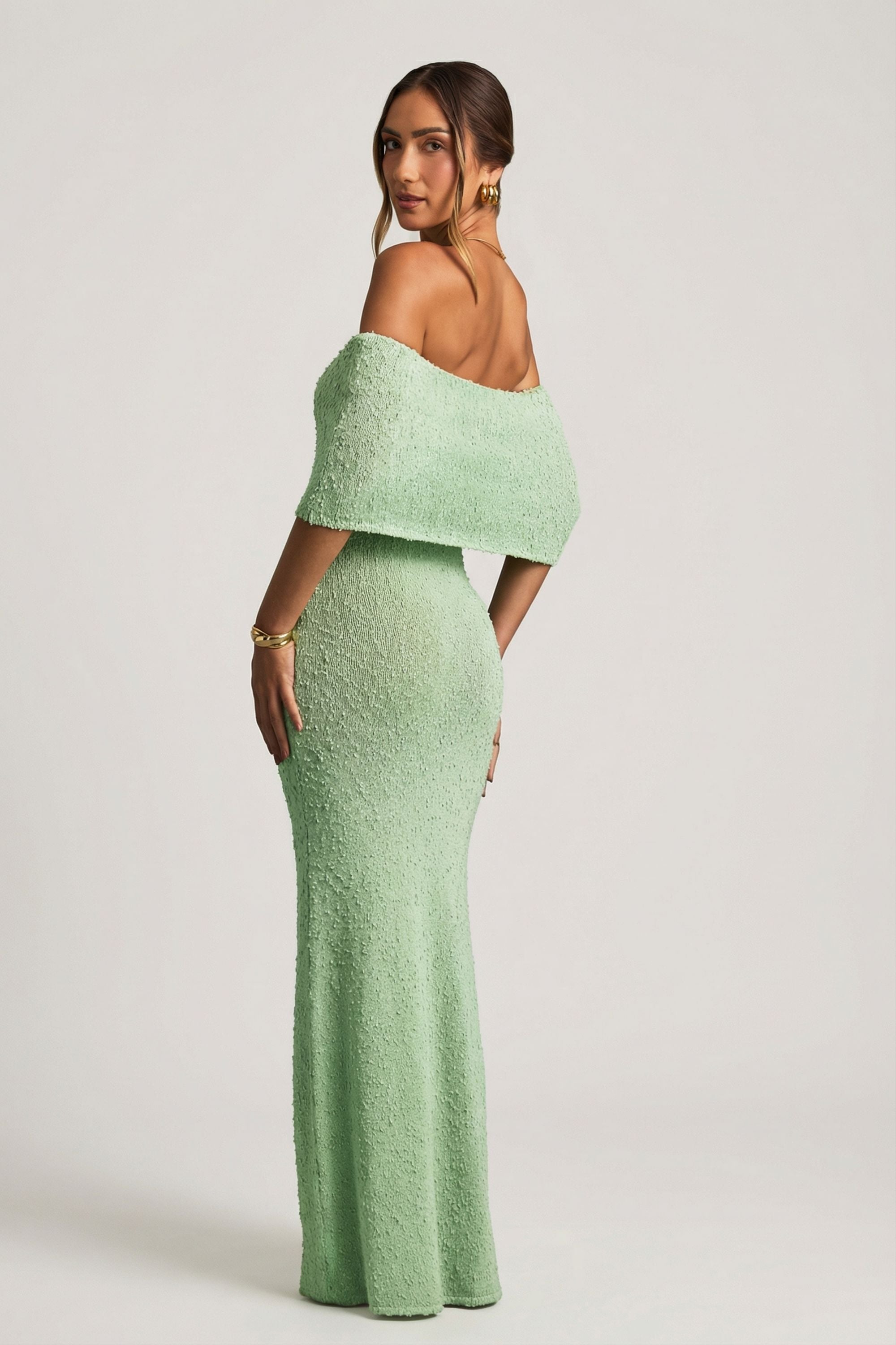 Bouclé Off-Shoulder Maxi Dress in Mint