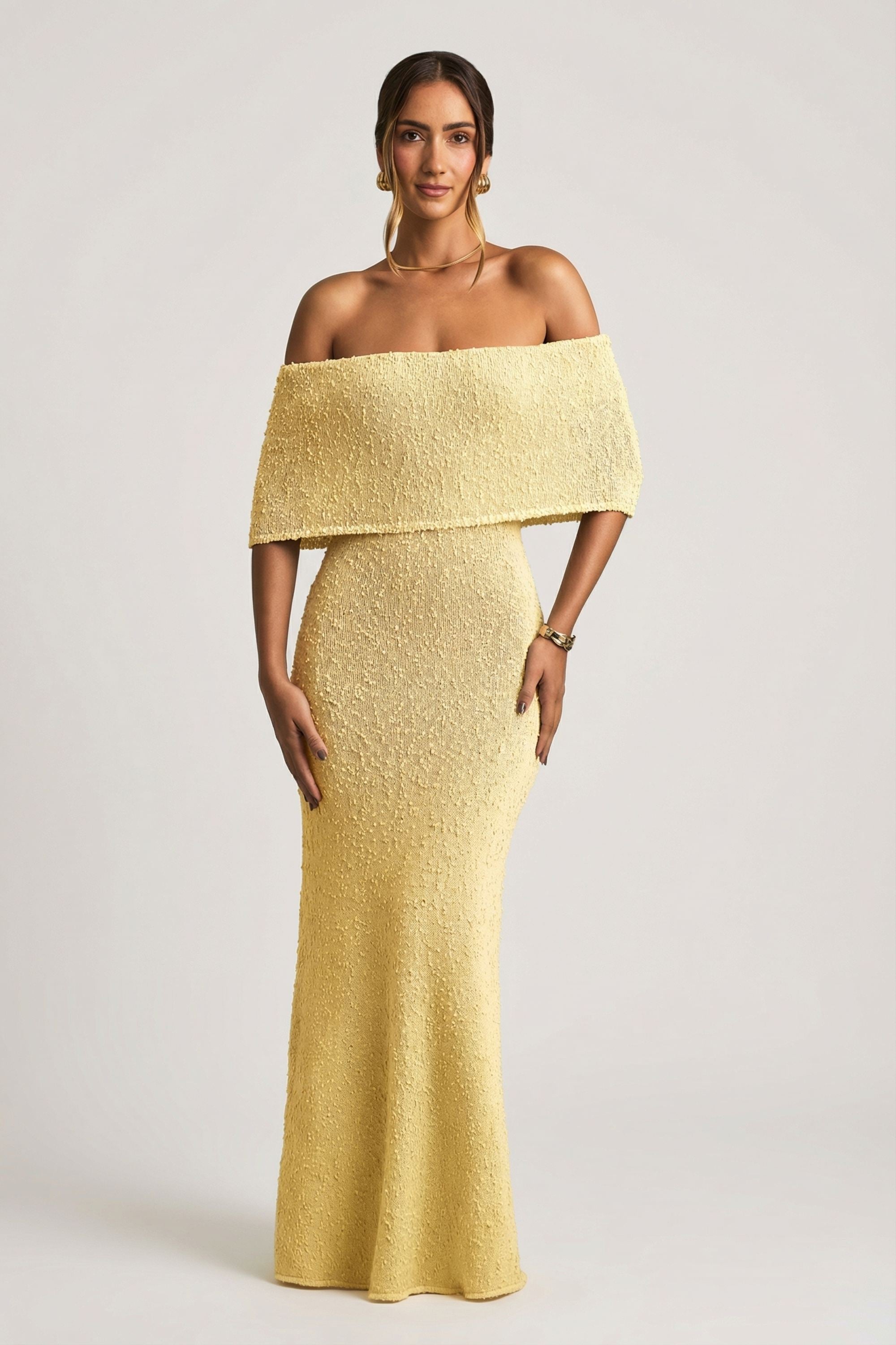Bouclé Off-Shoulder Maxi Dress in Yellow