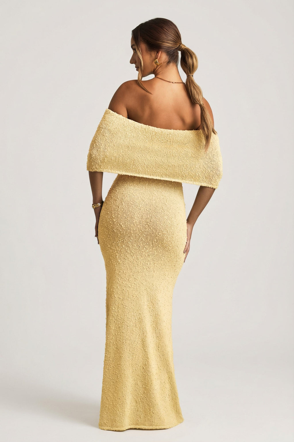 Bouclé Off-Shoulder Maxi Dress in Yellow