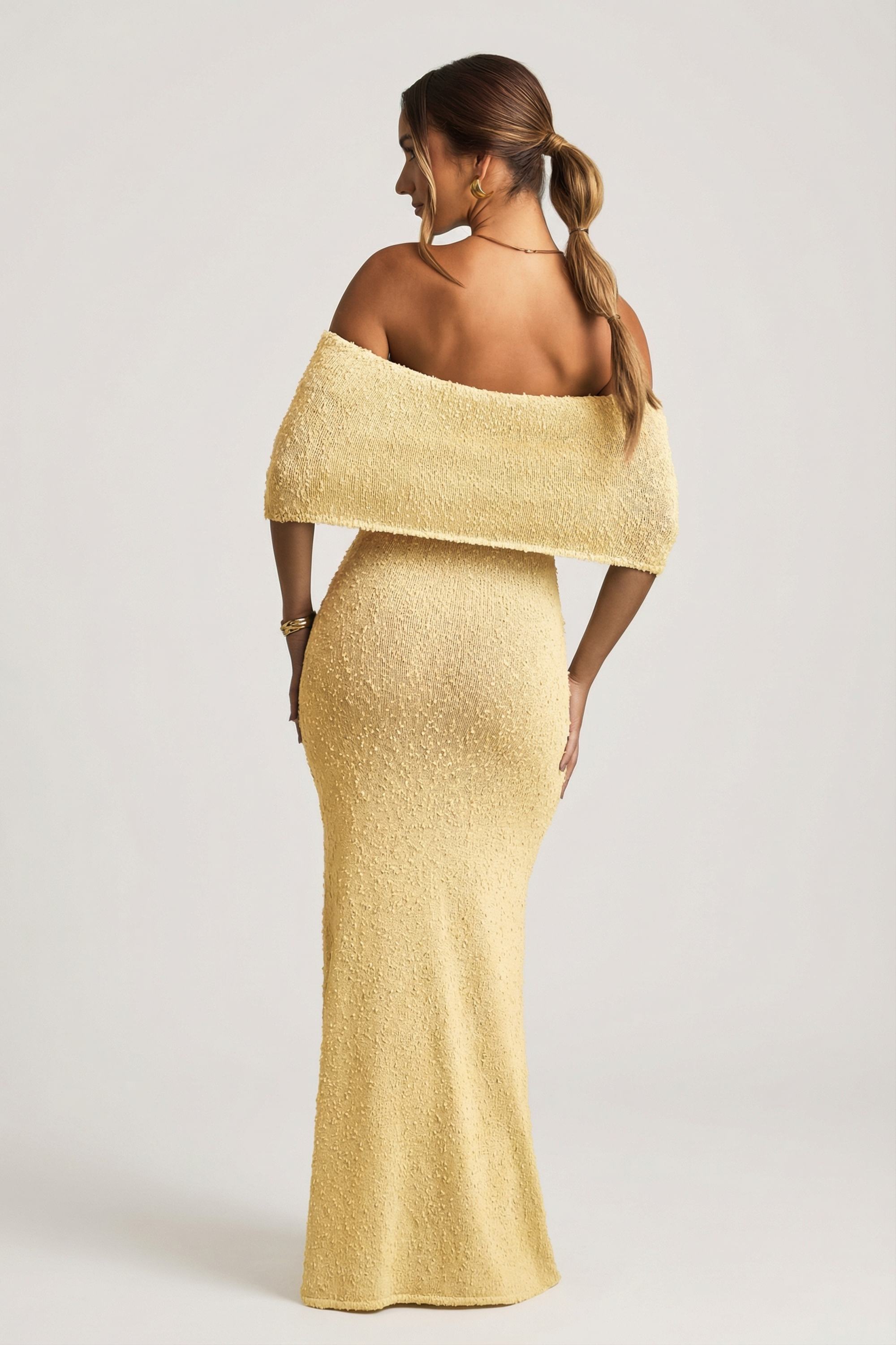 Bouclé Off-Shoulder Maxi Dress in Yellow