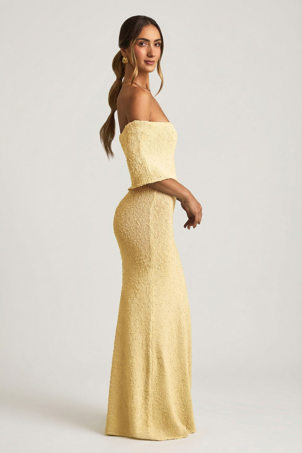 Bouclé Off-Shoulder Maxi Dress in Yellow