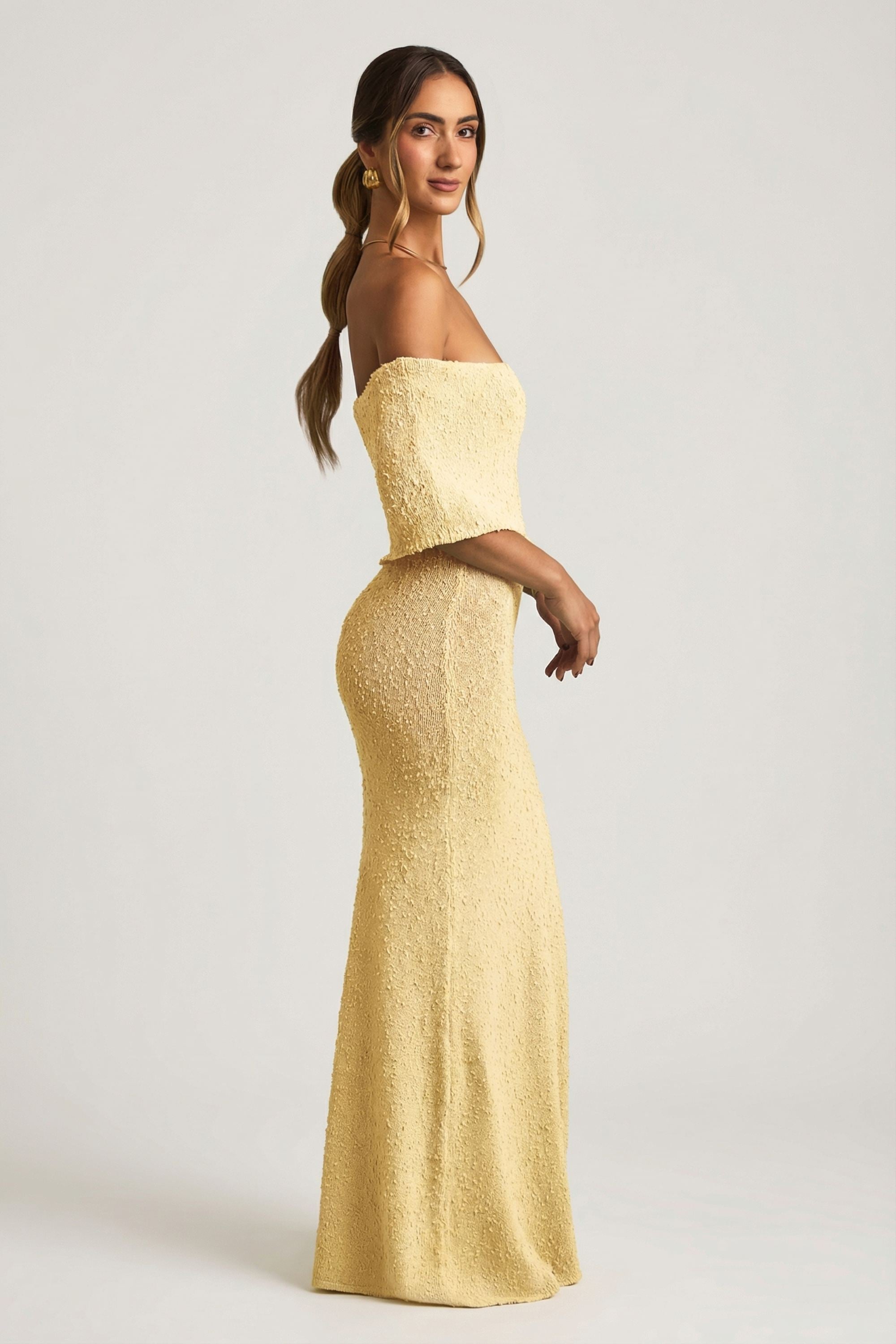 Bouclé Off-Shoulder Maxi Dress in Yellow