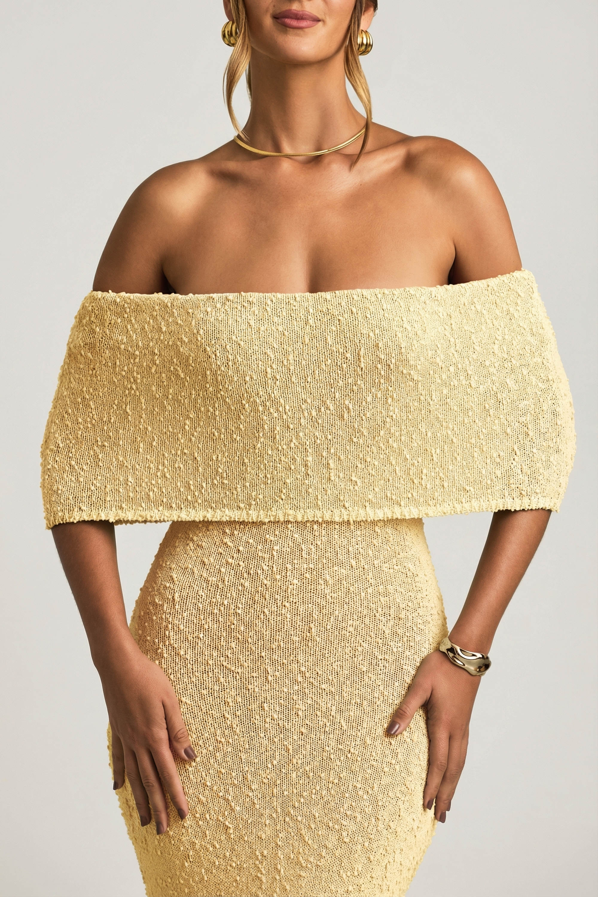 Bouclé Off-Shoulder Maxi Dress in Yellow