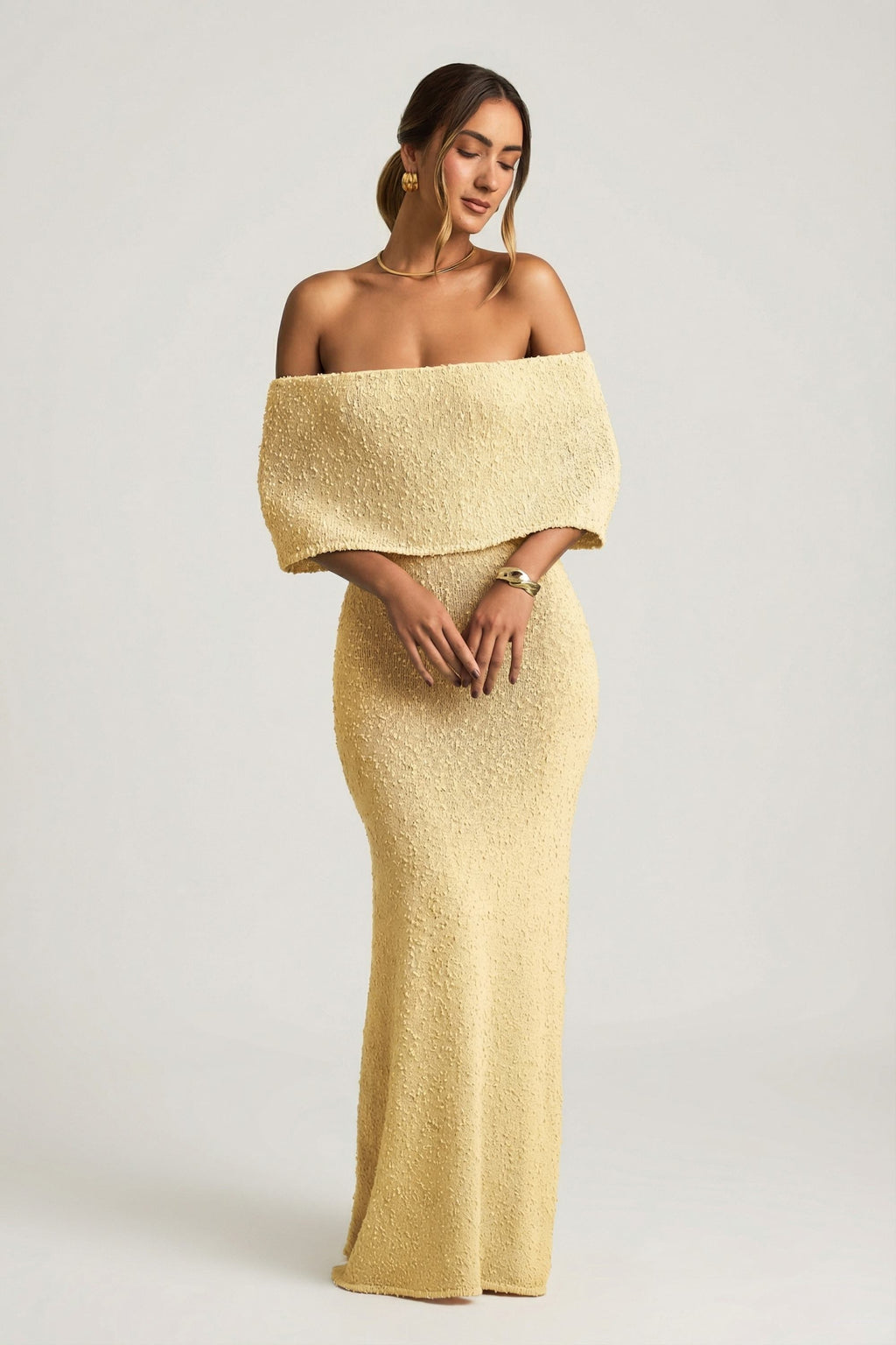 Bouclé Off-Shoulder Maxi Dress in Yellow