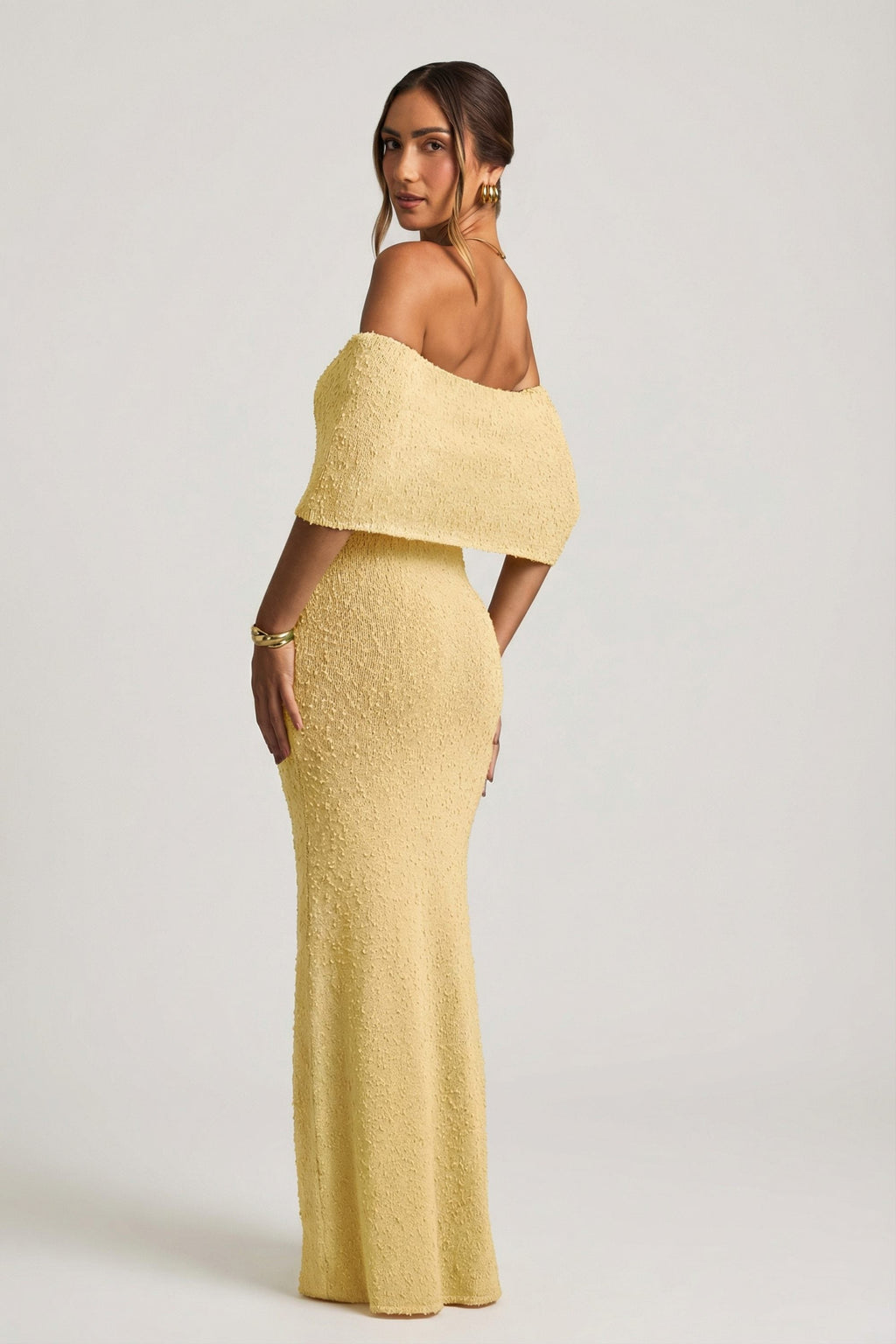 Bouclé Off-Shoulder Maxi Dress in Yellow