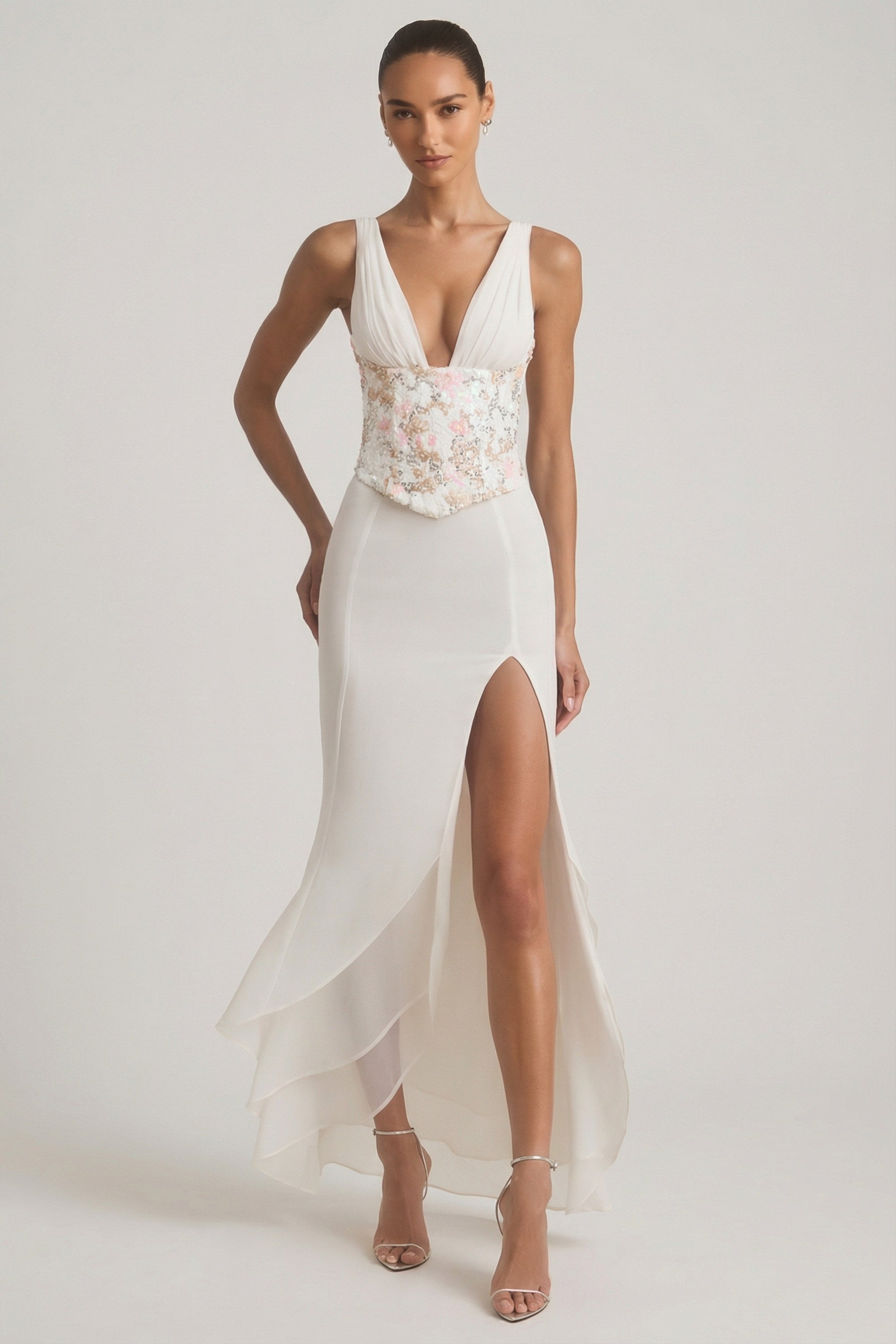 Embellished Plunge Ruffled Corset Maxi Dress in Ivory