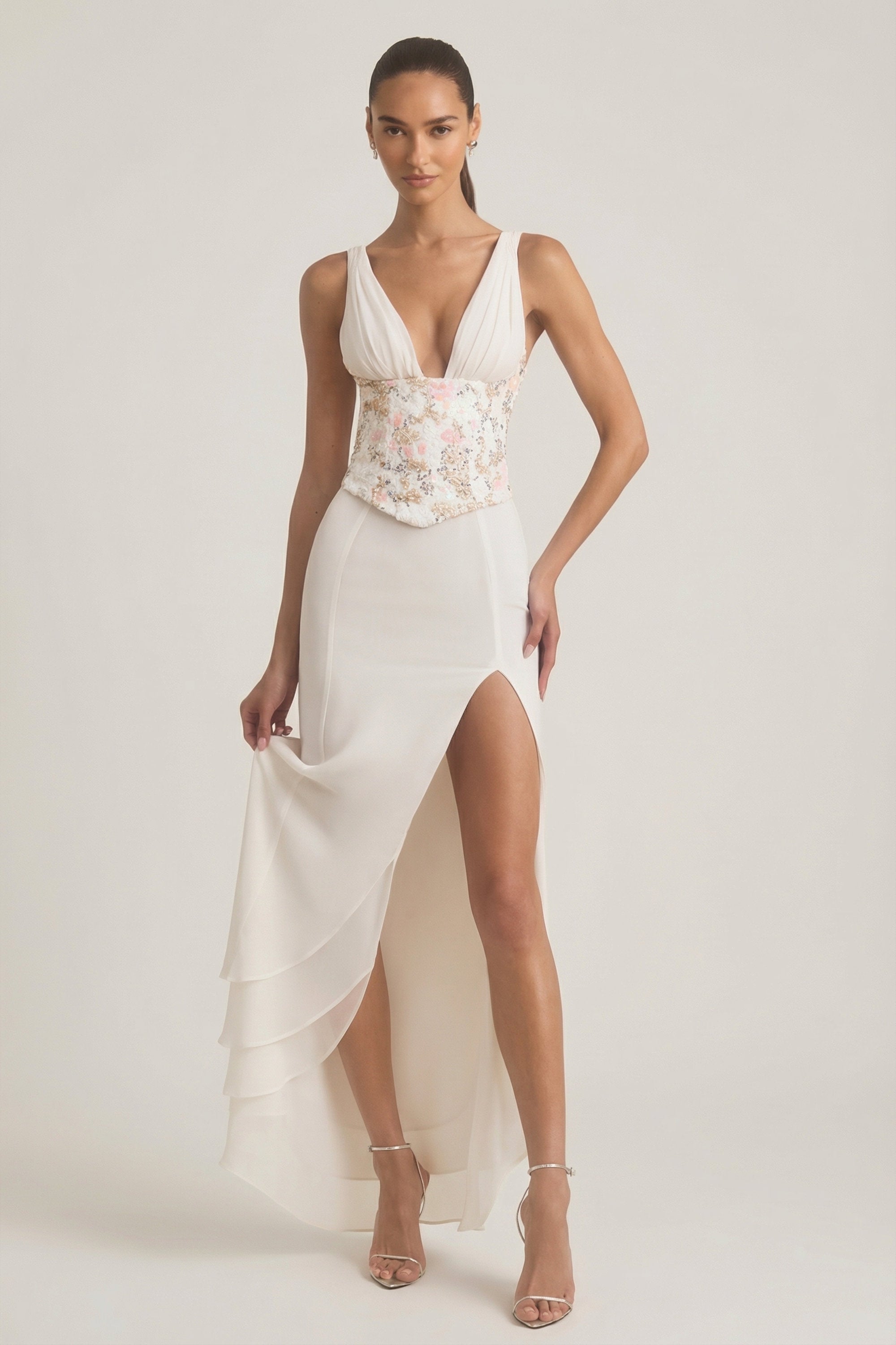 Embellished Plunge Ruffled Corset Maxi Dress in Ivory