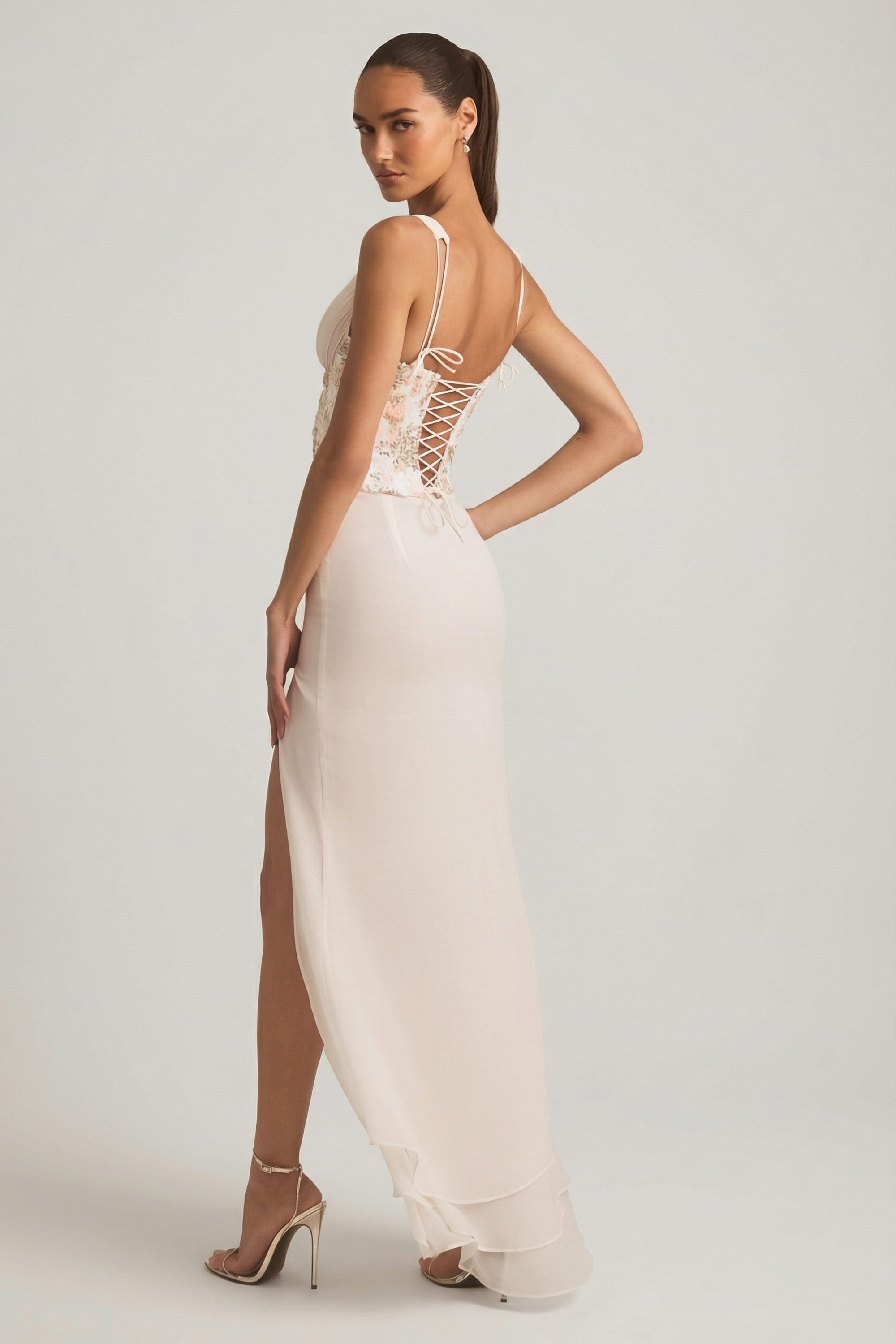 Embellished Plunge Ruffled Corset Maxi Dress in Ivory