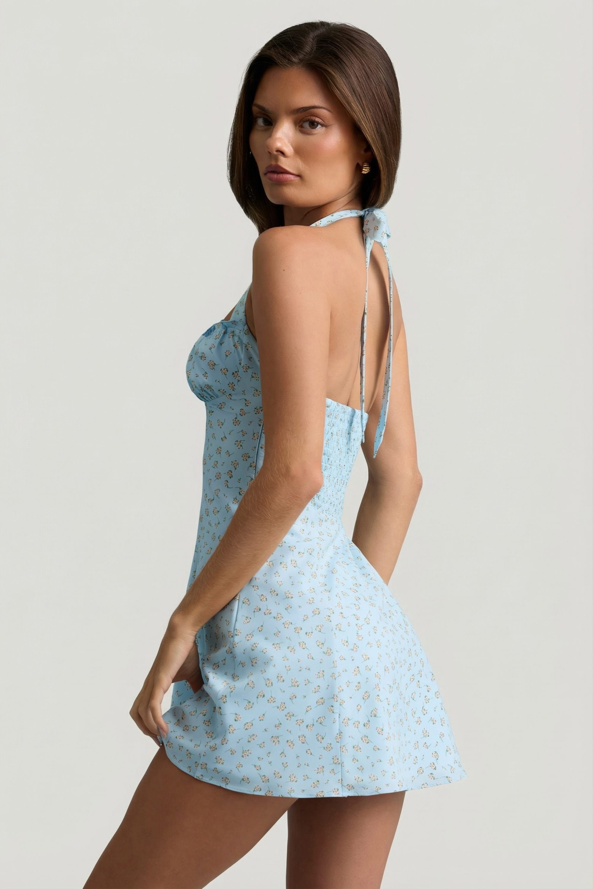 Halterneck A-Line Mini Dress in Blue Flower Print