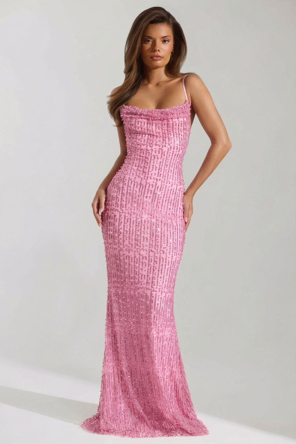 Embellished Cowl-Neck Backless Maxi Dress in Pink